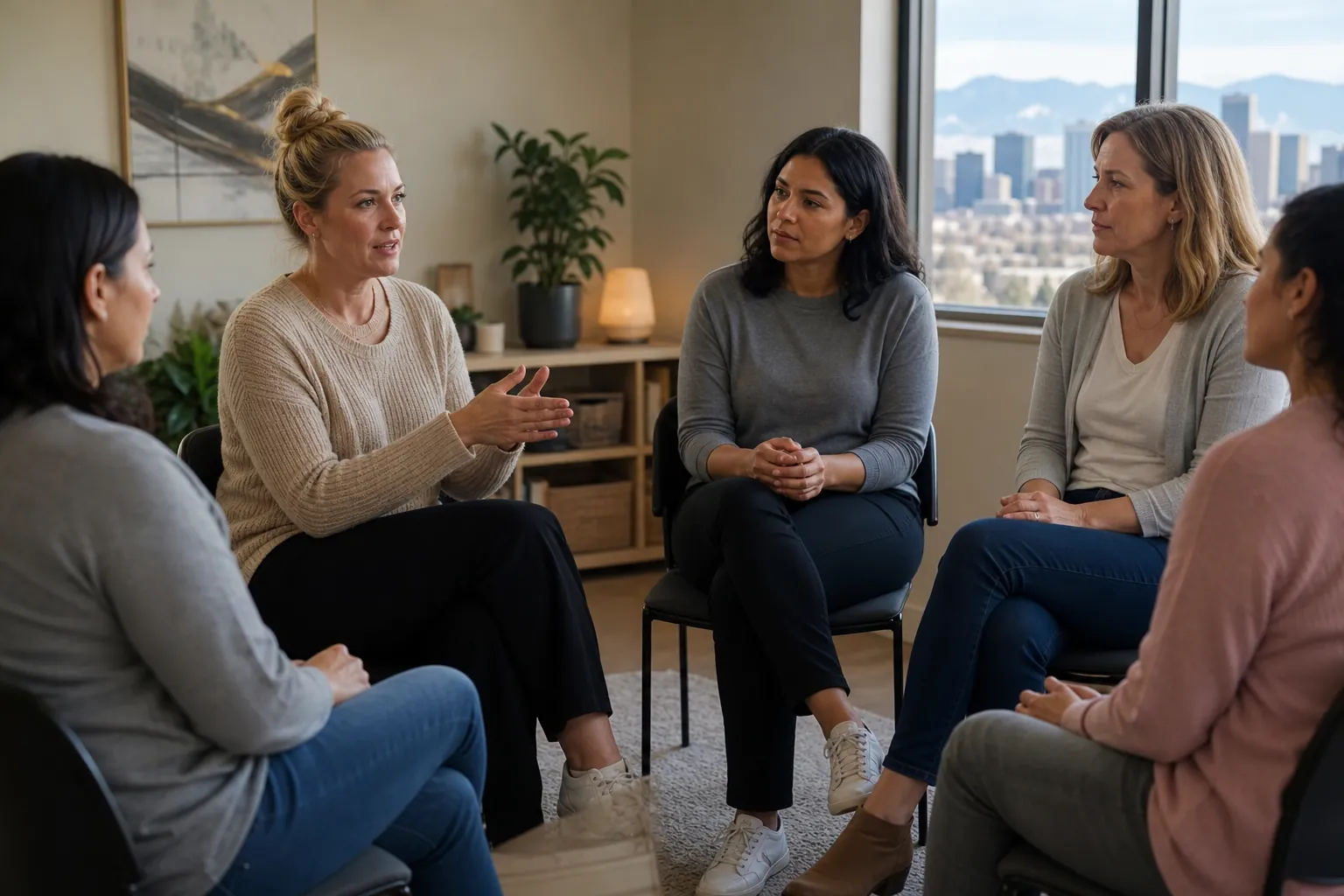 Five women sit in a circle as one gestures while speaking, with a city skyline and mountains visible through a window.