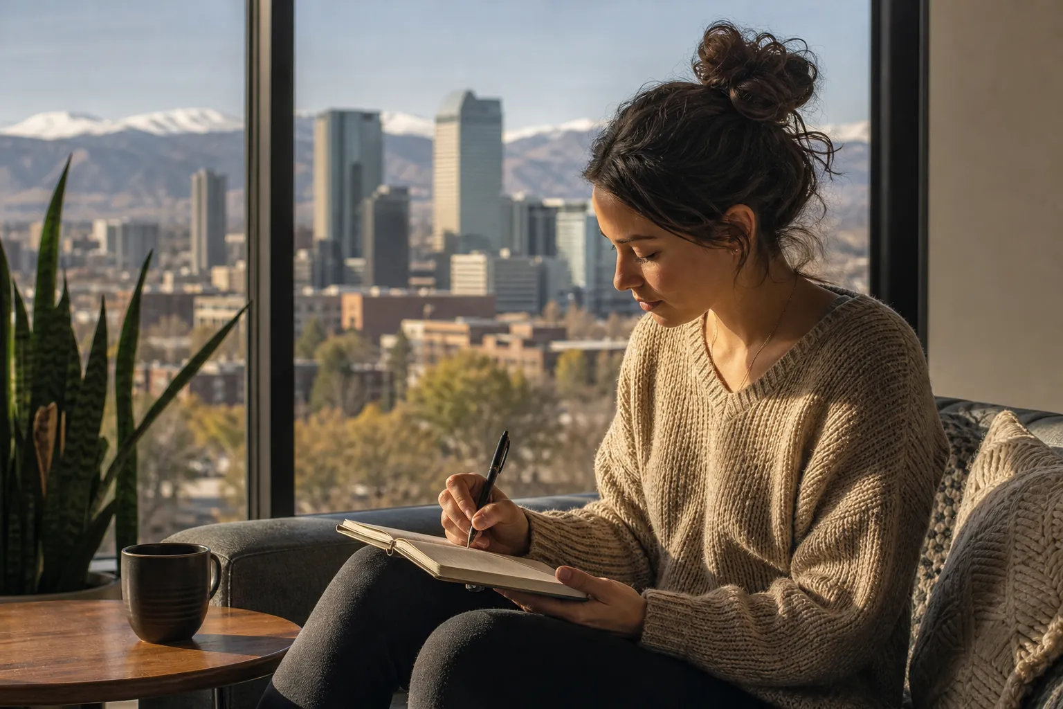 A woman writes in a notebook on her lap beside a large window overlooking city buildings and snowcapped mountains.