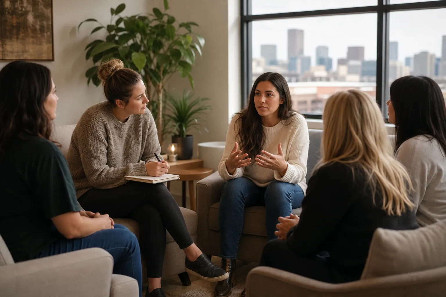 Five women sit in a circle in a bright room as one gestures while speaking and another takes notes in a notebook.