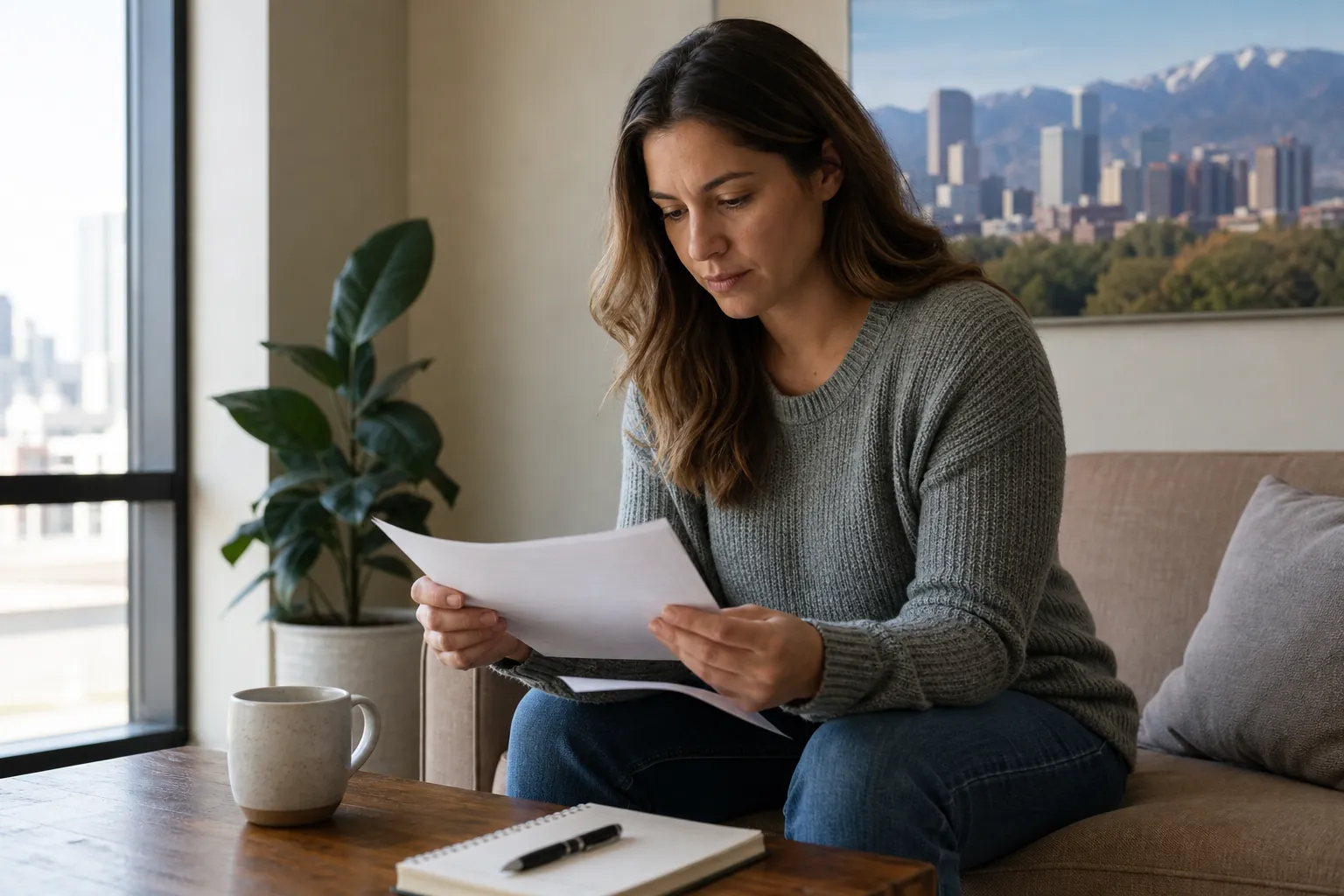 Woman Reviewing Paperwork on a Sofa A woman in a gray sweater reviews papers on a sofa, with a mug and notebook on the table and a mountain cityscape print behind her.