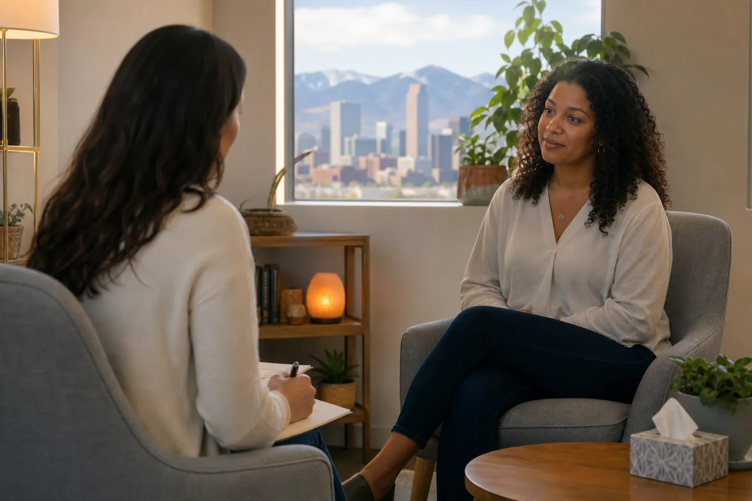 Women in a Counseling Office With Mountain Views Two women sit facing each other in a counseling office, one holding a pen and notebook, with mountains visible through a window.