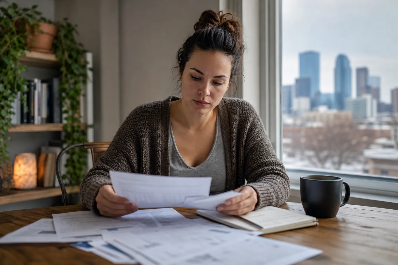 Woman Reviewing Paperwork Beside a City Window A woman reviews paperwork at a wooden table with scattered documents, an open notebook, and a mug beside a city-view window.