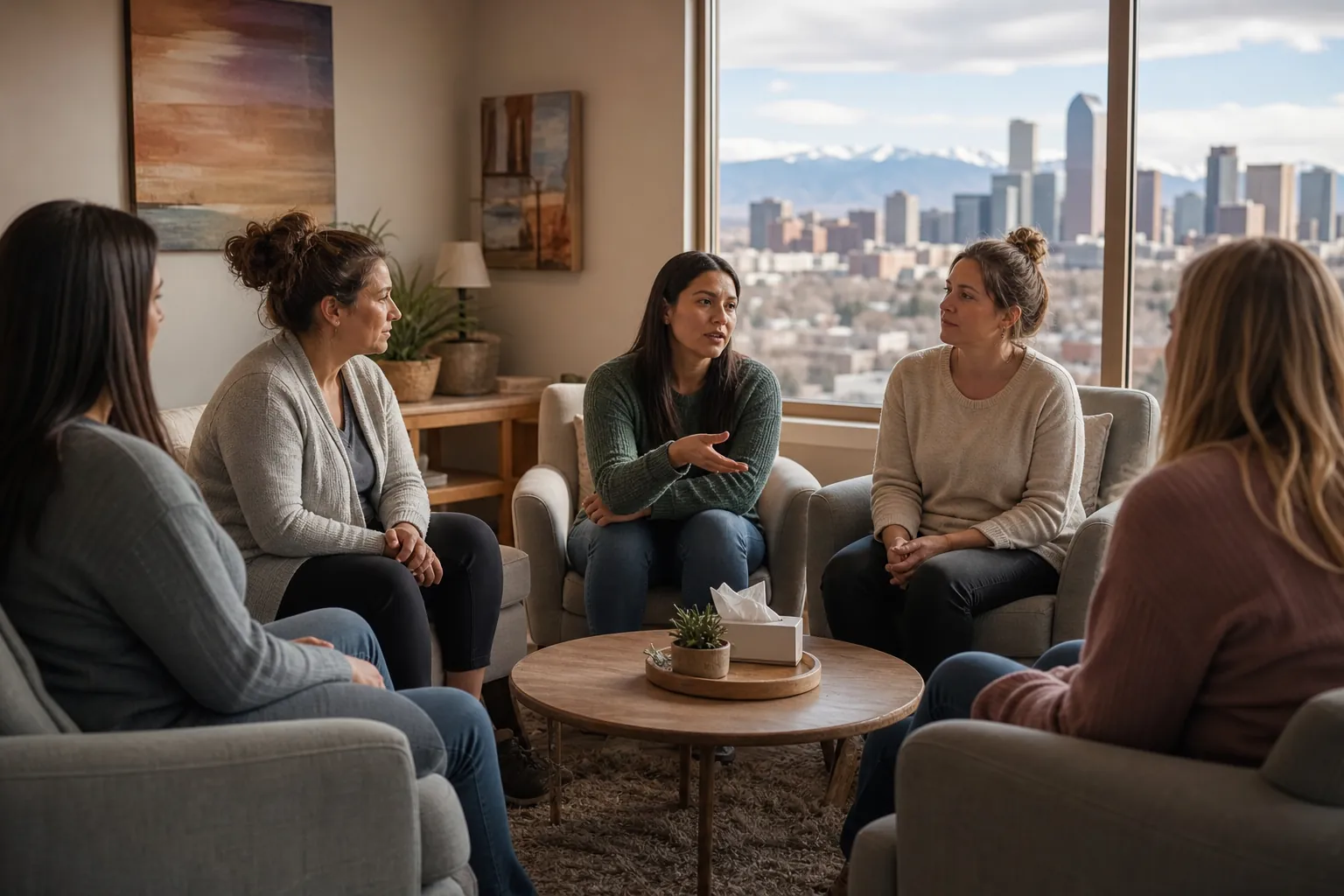 Women in a Support Group Overlooking a Mountain City Five women sit in a discussion circle around a coffee table, with a city skyline and snowy mountains visible through large windows.