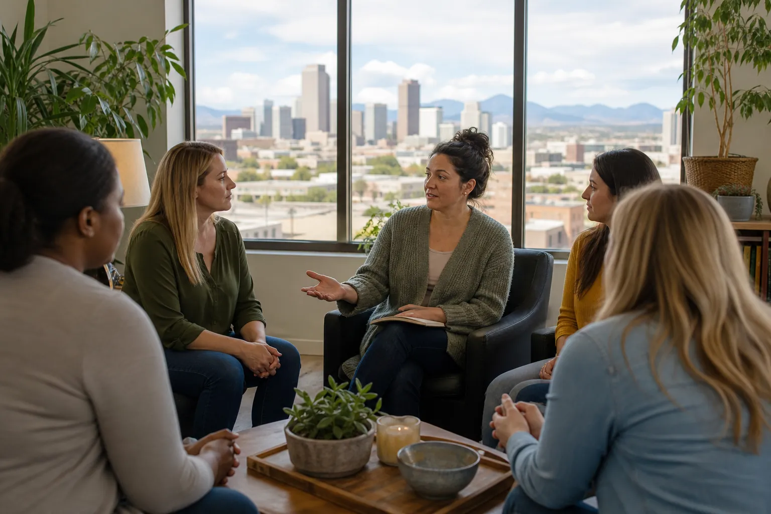 Women in a Group Discussion Overlooking the City Five women sit in a discussion circle in a bright office, with a city skyline and mountains visible through large windows.