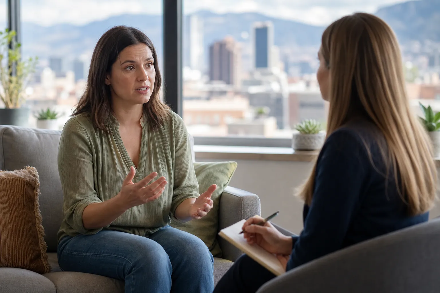 Two Women in a Supportive Office Conversation A woman gestures while speaking with another woman holding a pen and notebook in an office overlooking a city and mountains.