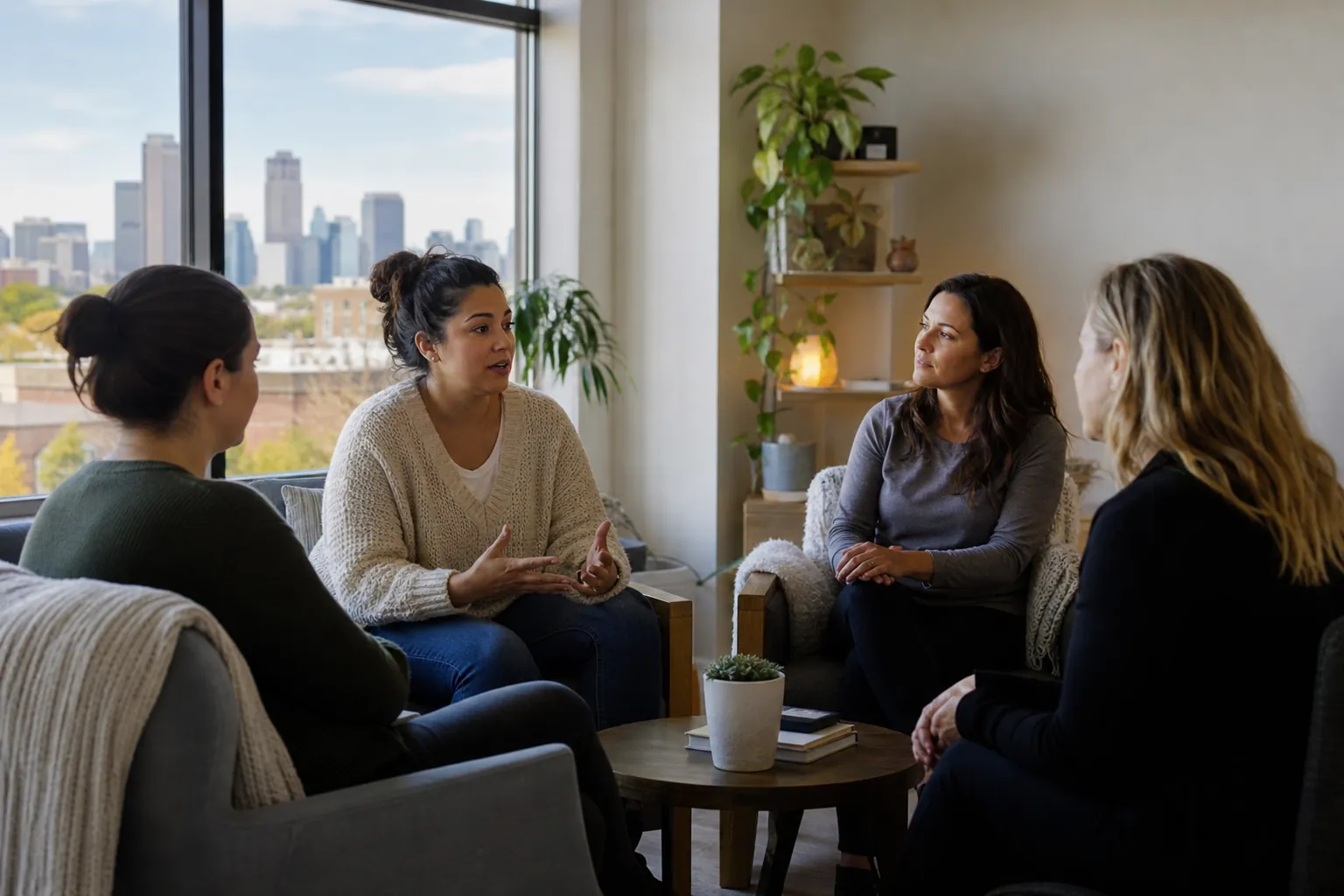 Women Talking in a Small Group by a City Window Four women sit in a circle in a bright room as one gestures while speaking, with plants and a city skyline behind them.