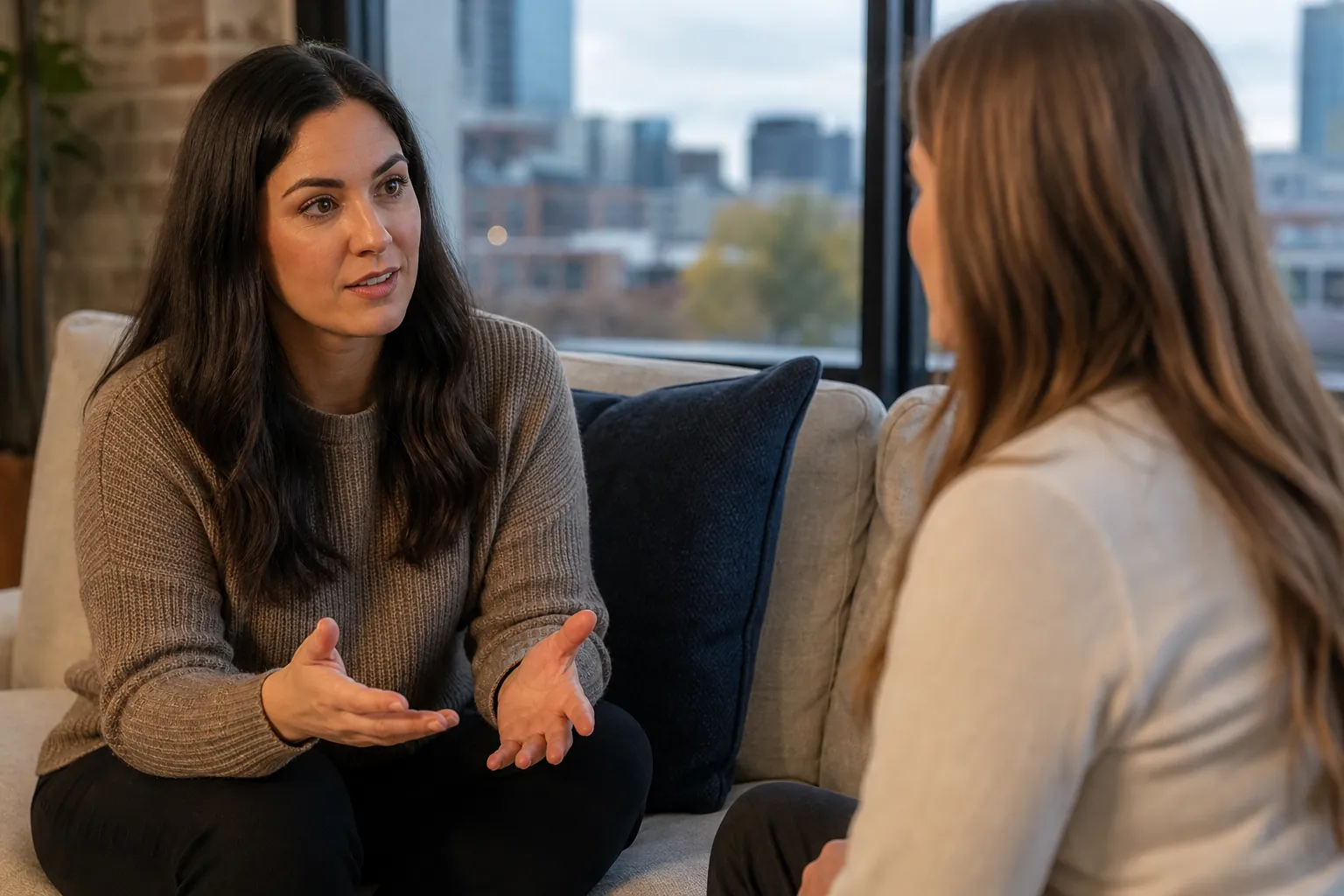Two Women Having a Focused Conversation on a Sofa Two women sit facing each other on a sofa, one gesturing with open hands while speaking, with city buildings beyond large windows.