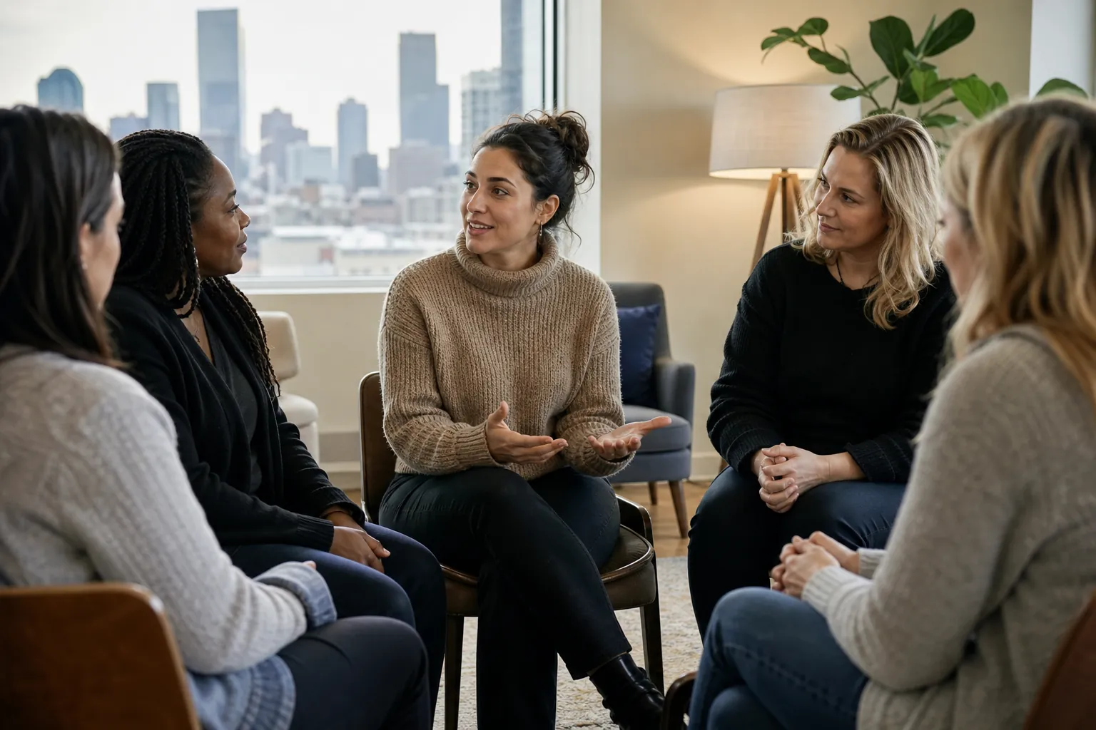 Women Practicing Communication in a Group Discussion Five women sit in a circle as a woman in a tan sweater gestures while speaking, with city windows behind them.