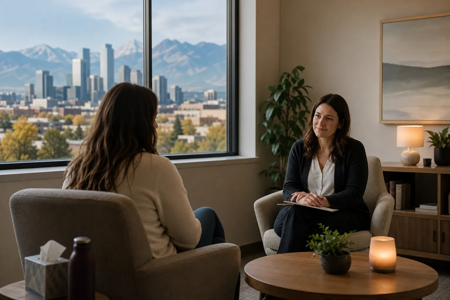 Two Women in a Counseling Office With Mountain Views Two women sit facing each other in a counseling office with a notebook, tissues, and city and mountain views through a window.