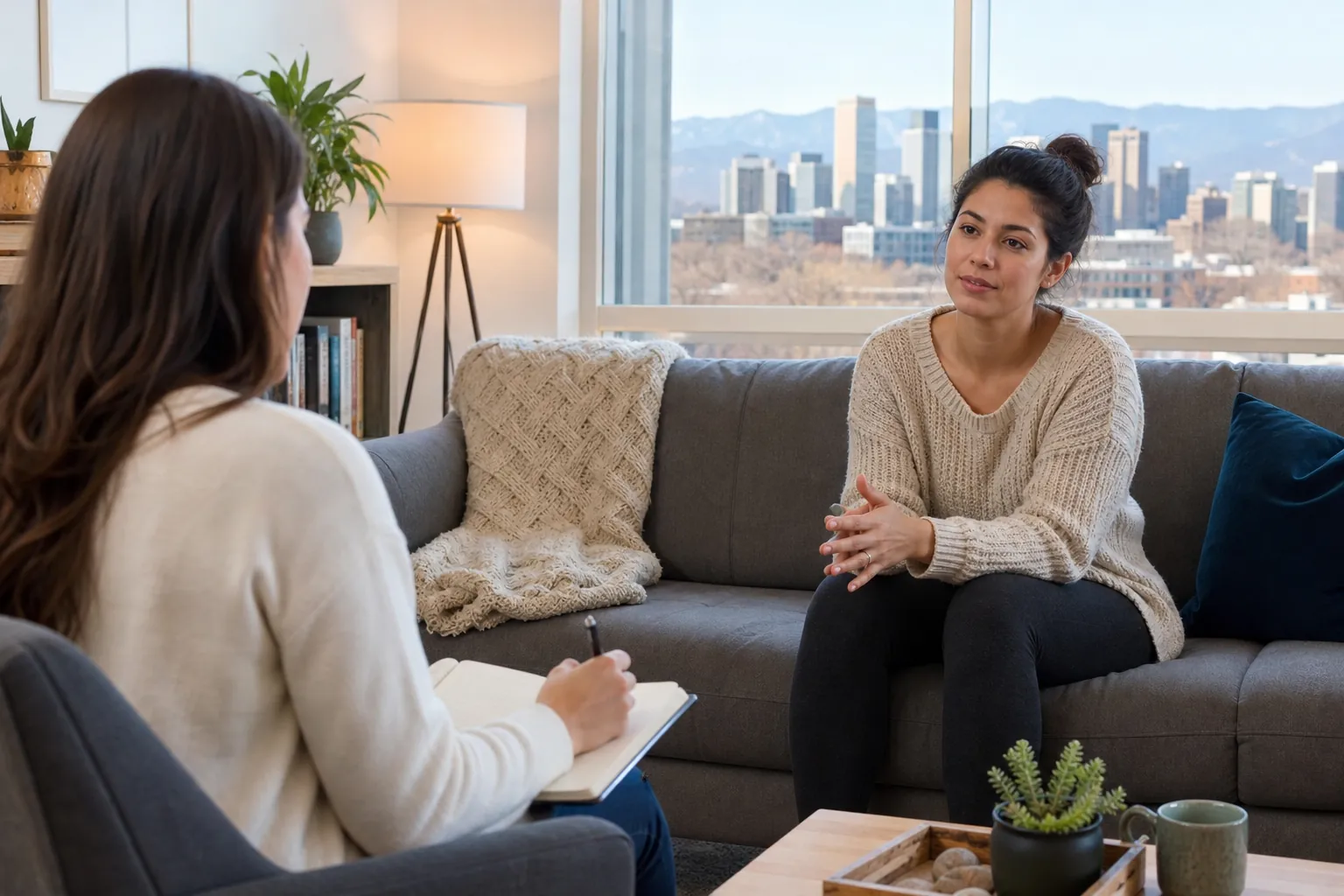 Private Counseling Conversation in a Bright Office Two women sit facing each other in a counseling office, one holding a notebook, with city buildings and mountains beyond the window.