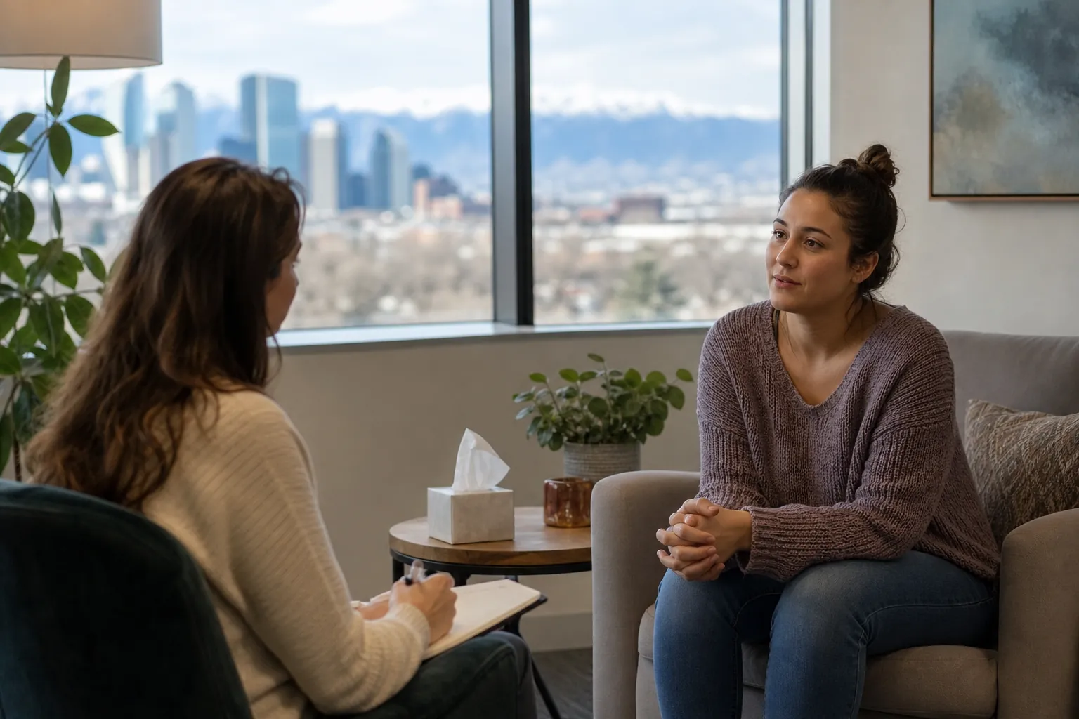 Two Women in a Private Counseling Conversation Two women sit facing each other in an office, one holding a pen and notebook while the other clasps her hands.