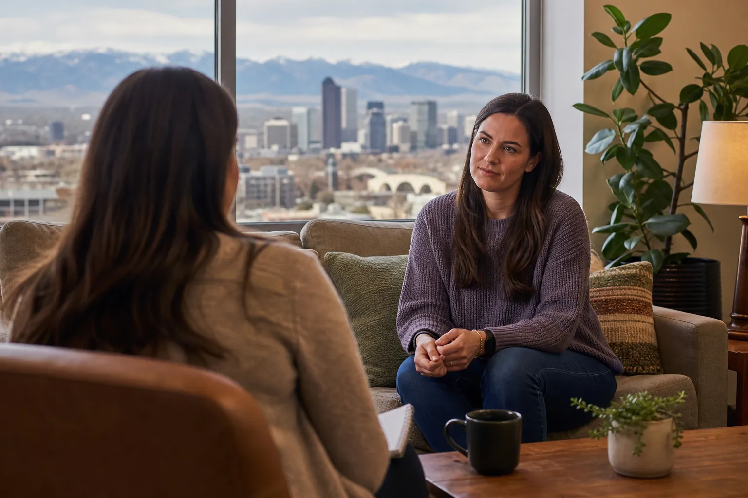Two Women in a Counseling Setting With Mountain Views Two women sit facing each other in a counseling setting, with a city skyline and mountains visible through large windows.
