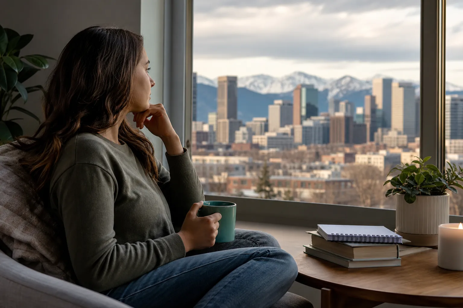 Woman Reflecting Beside a Mountain View Window A woman holding a teal mug sits by a window overlooking a city and snowy mountains, with books, plants and a candle nearby.