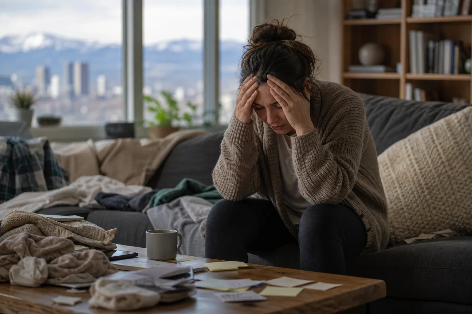 Stressed Woman Sitting Beside a Cluttered Coffee Table A woman leans forward on a sofa with both hands against her forehead beside a table cluttered with papers, clothing, and a mug.
