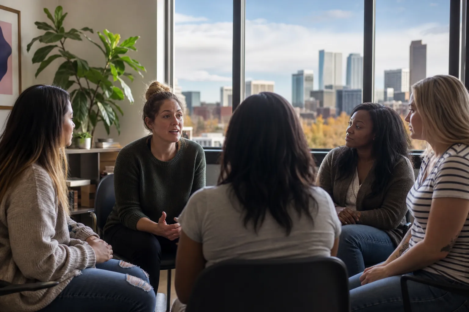 Women in a Group Discussion Overlooking the City Five women sit in a discussion circle in a bright room with plants and large windows overlooking a city skyline.