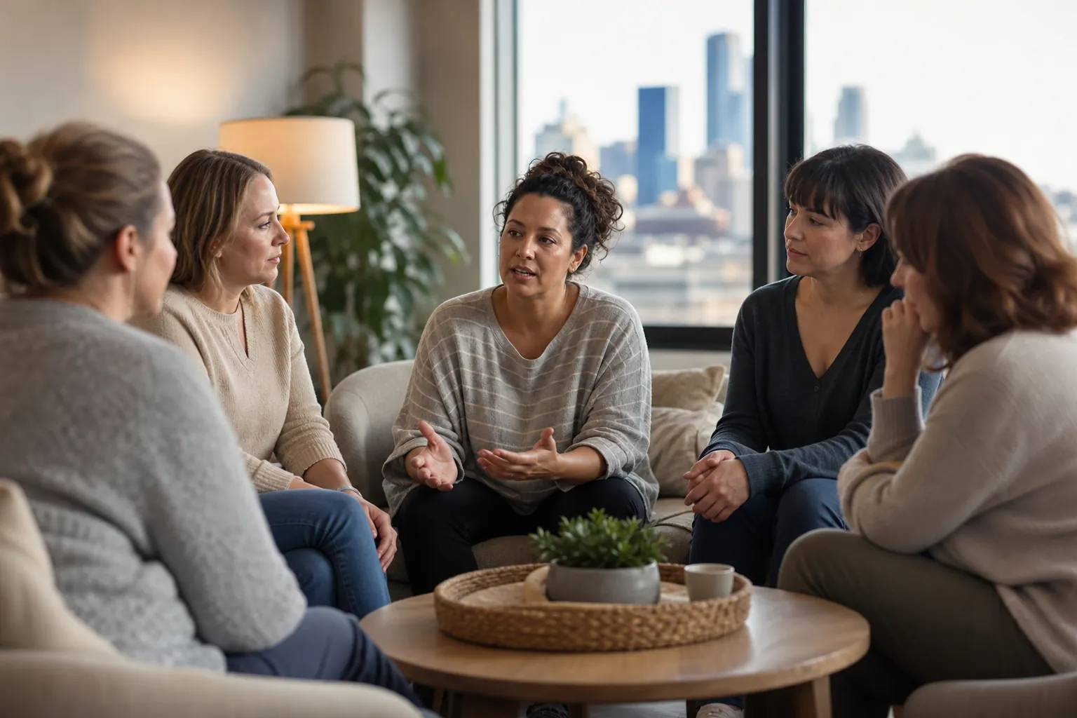 Women Listening During a Small Group Discussion Five women sit around a coffee table in a bright room, listening as the woman in the center speaks and gestures.