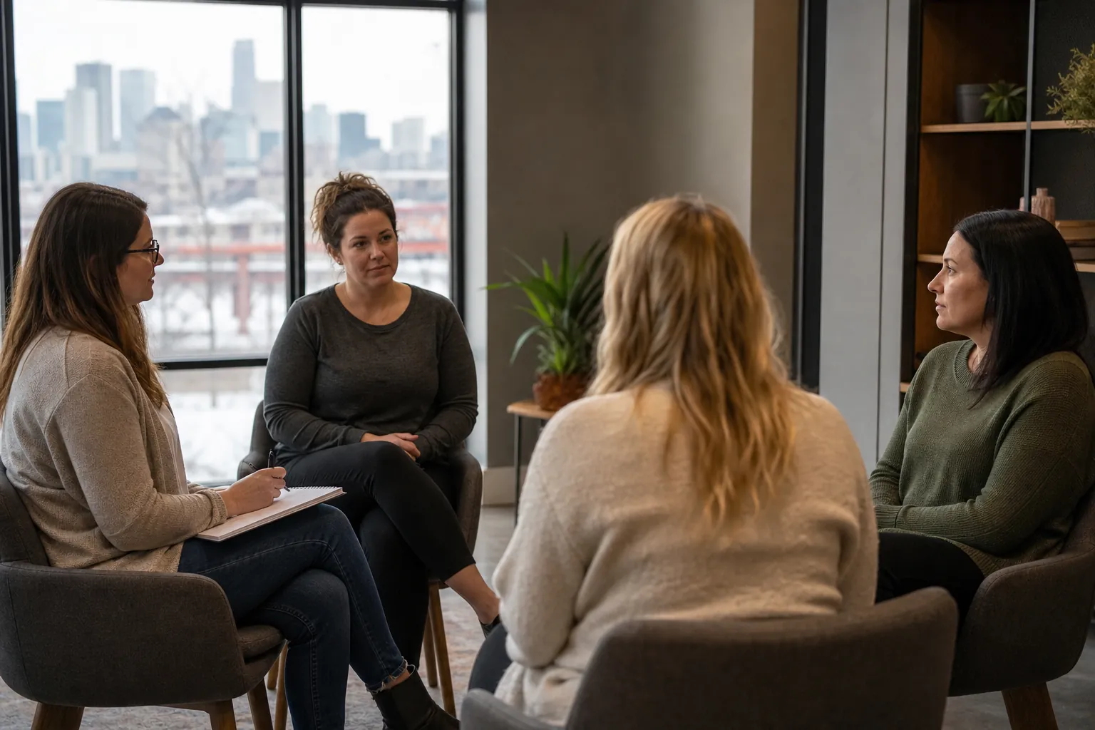 Women Meeting for a Small Group Discussion Four women sit in armchairs in a bright office for a group discussion, with one holding a pen and notebook.