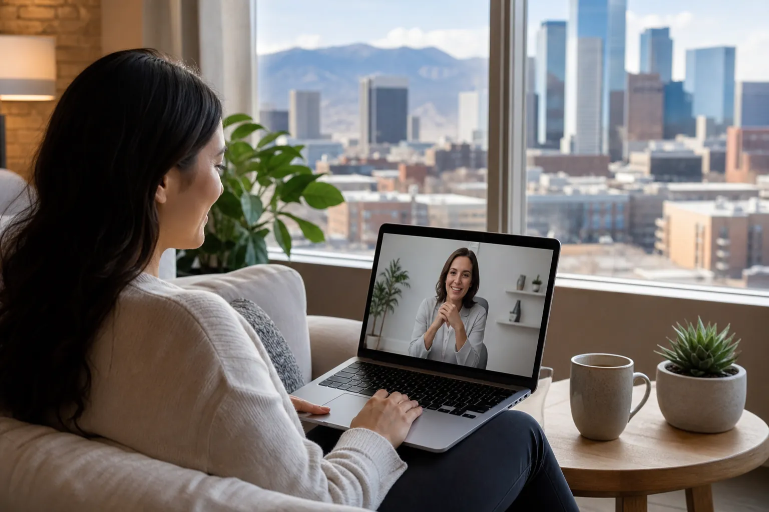 Editorial illustration of Women's Telehealth Treatment Setup In CO in Denver