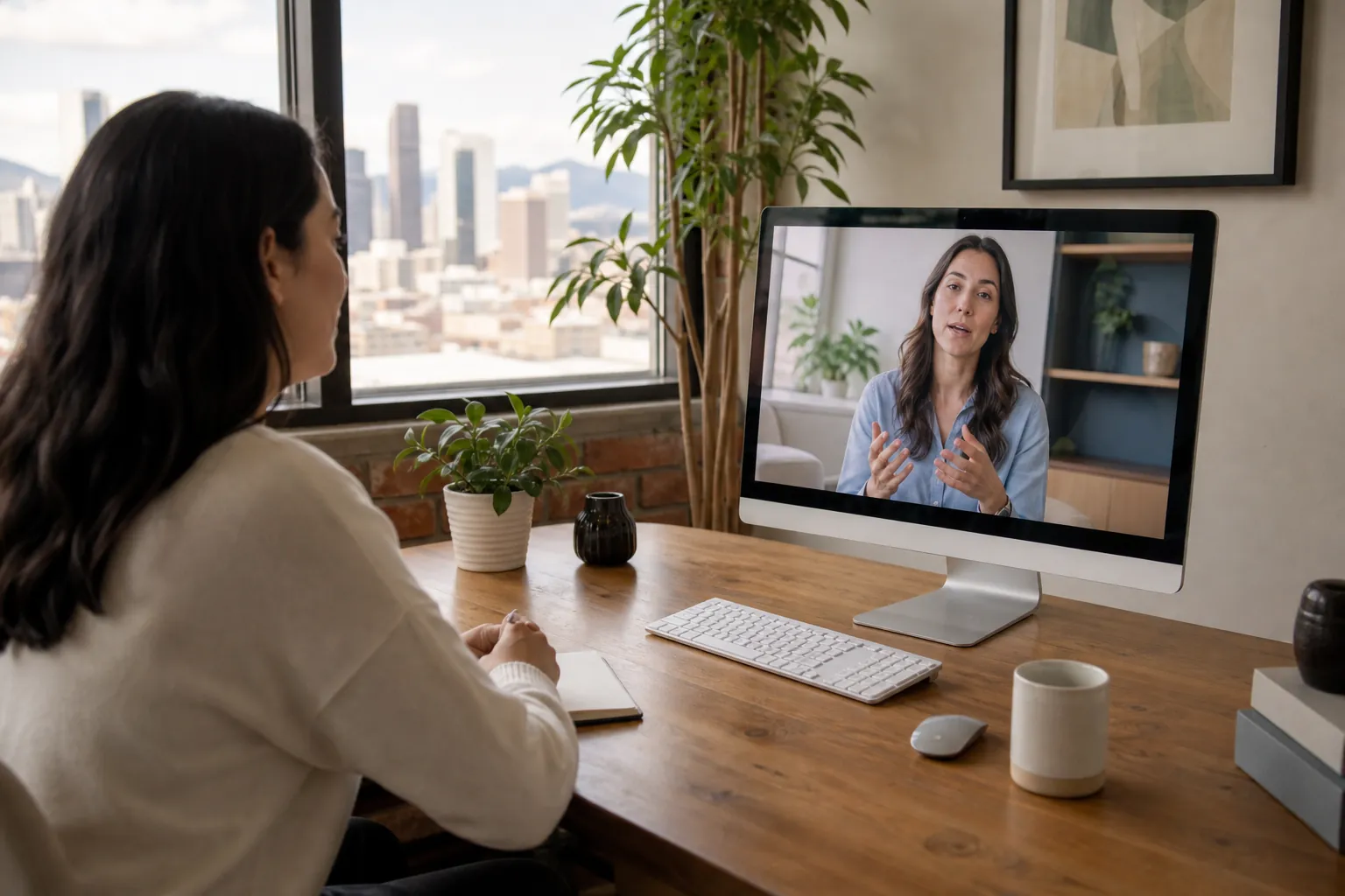 A woman sits at a wooden desk on a video call with another woman, with a notebook, keyboard, mug, and plants nearby.