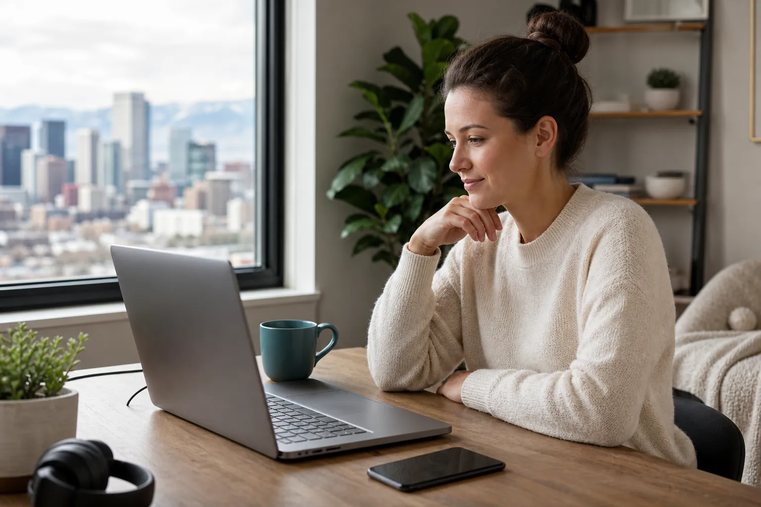 Woman seated at a wooden desk looking at a laptop, with a smartphone, headphones and mug nearby beside a city-view window.
