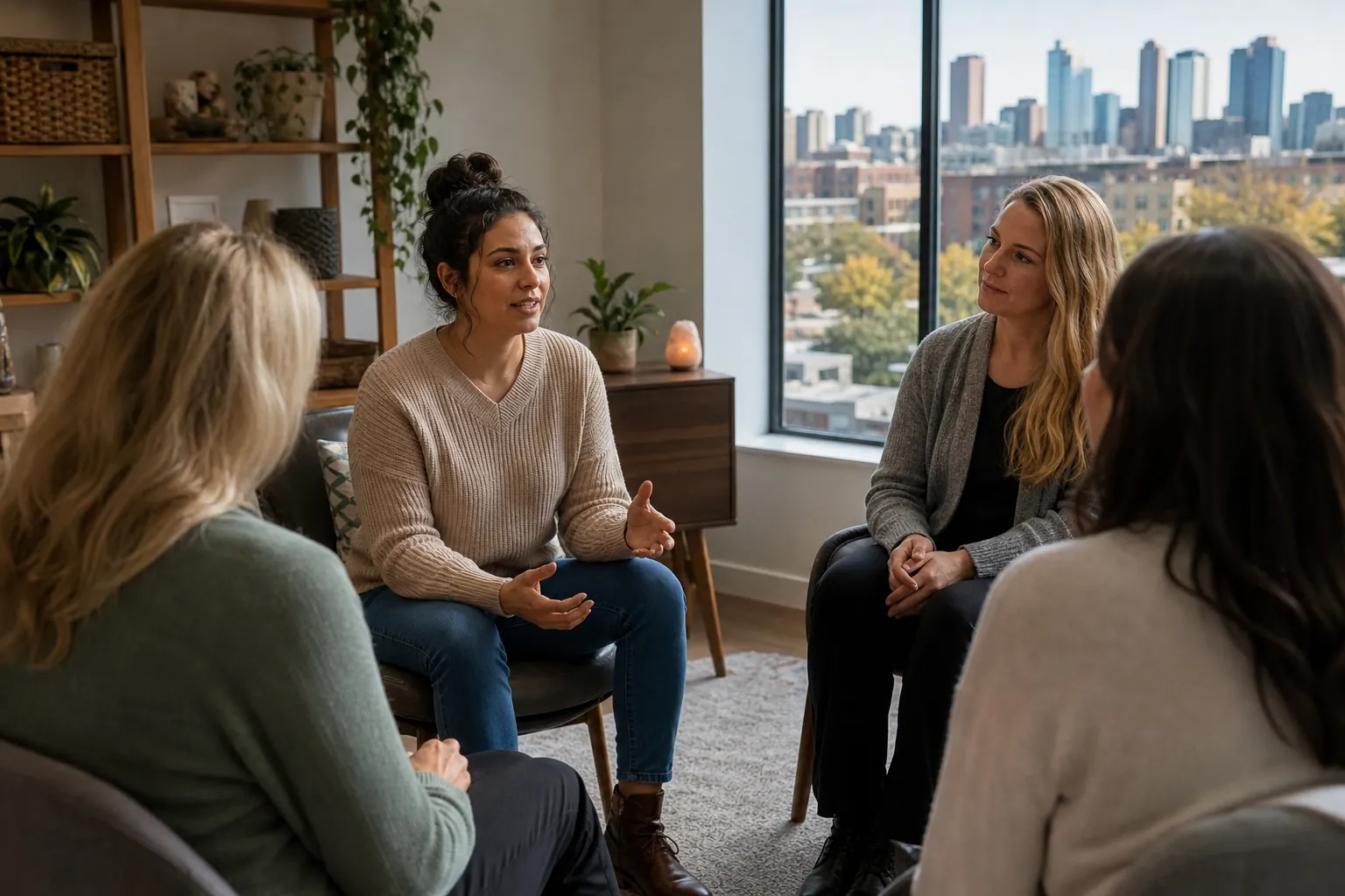 Women Seated in a Supportive Group Discussion Four women sit in a circle in a bright room as one gestures while speaking, with plants and a city skyline behind them.