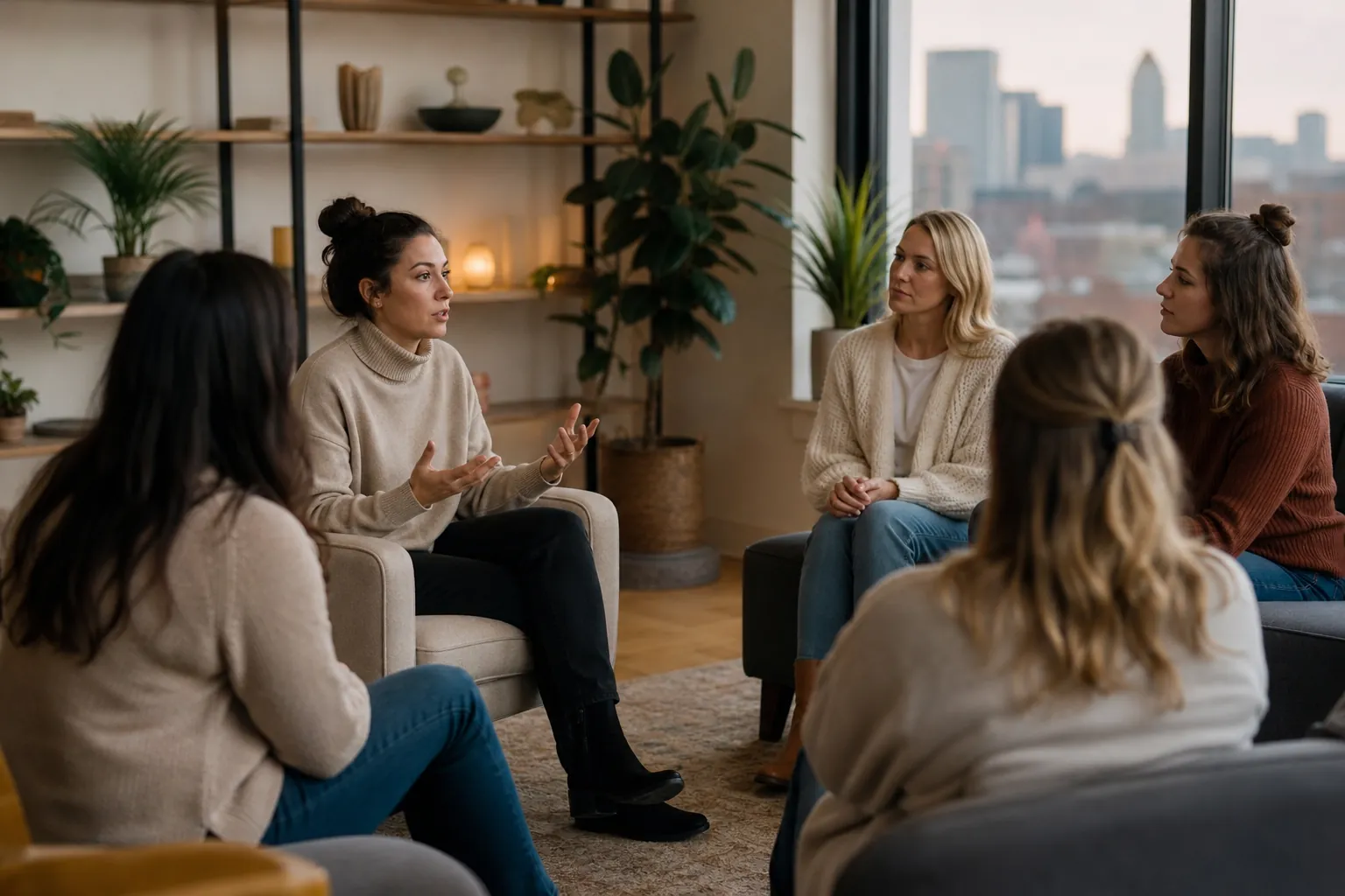 Women Sharing in a Supportive Group Discussion Five women sit in a circle in a bright room as one gestures while speaking and the others listen.
