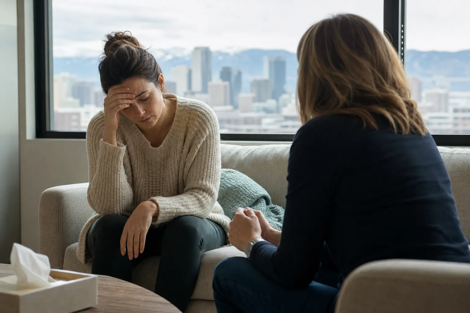 Distressed Woman Talking With Another Woman A distressed woman holds her forehead while sitting on a sofa across from another woman, with tissues on a nearby table.