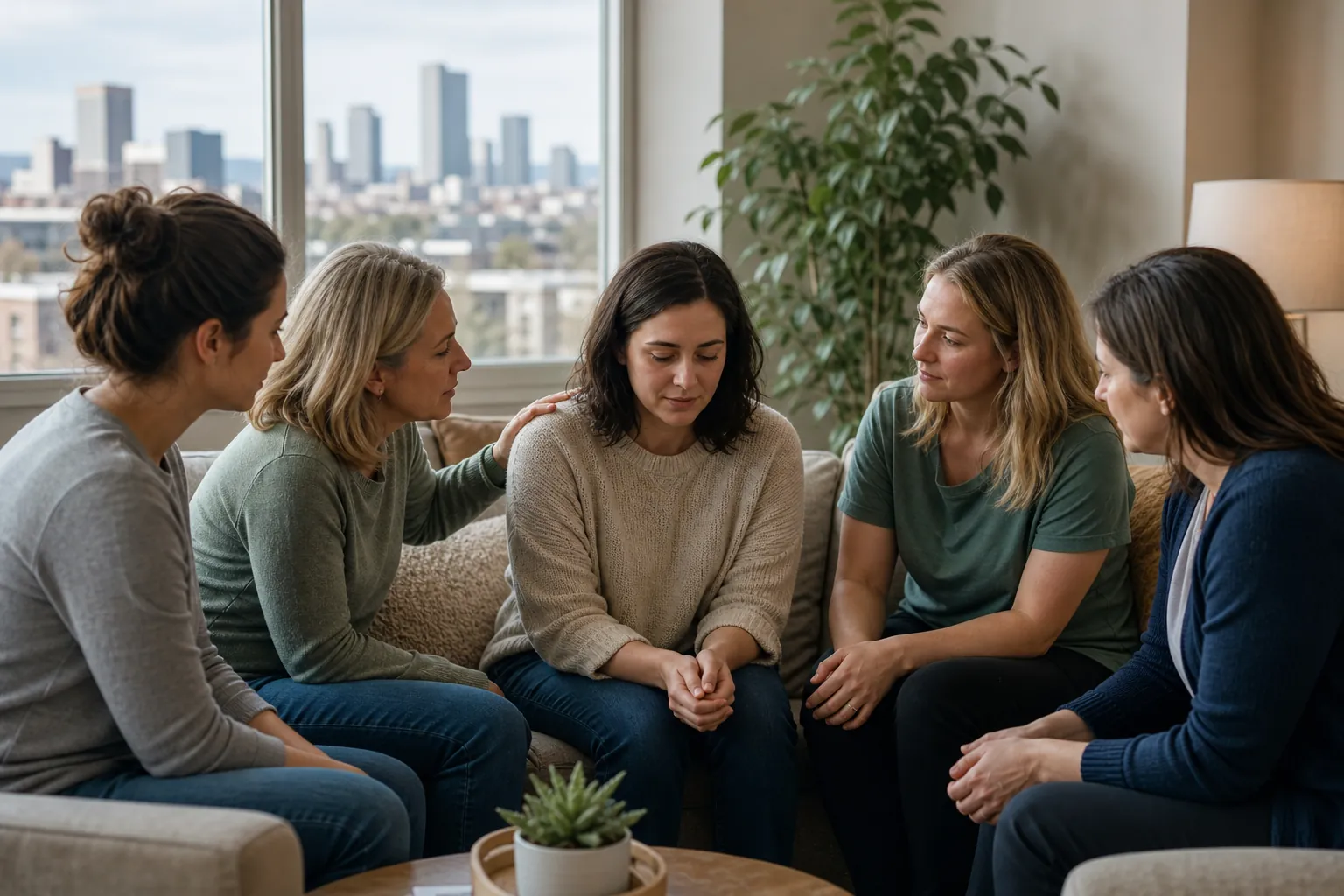 Women Offering Support in a Seated Group Five women sit closely in a bright room, with one resting a hand on the shoulder of the downcast woman in the center.