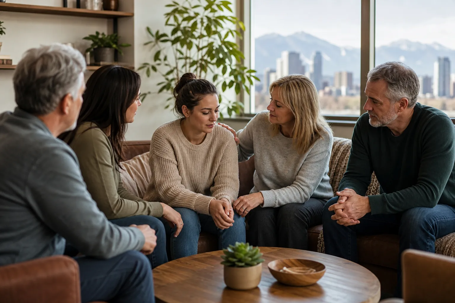 Supportive Group Conversation Around a Young Woman Five adults sit together in a bright room as a blonde woman rests a supportive hand on a younger woman's shoulder.