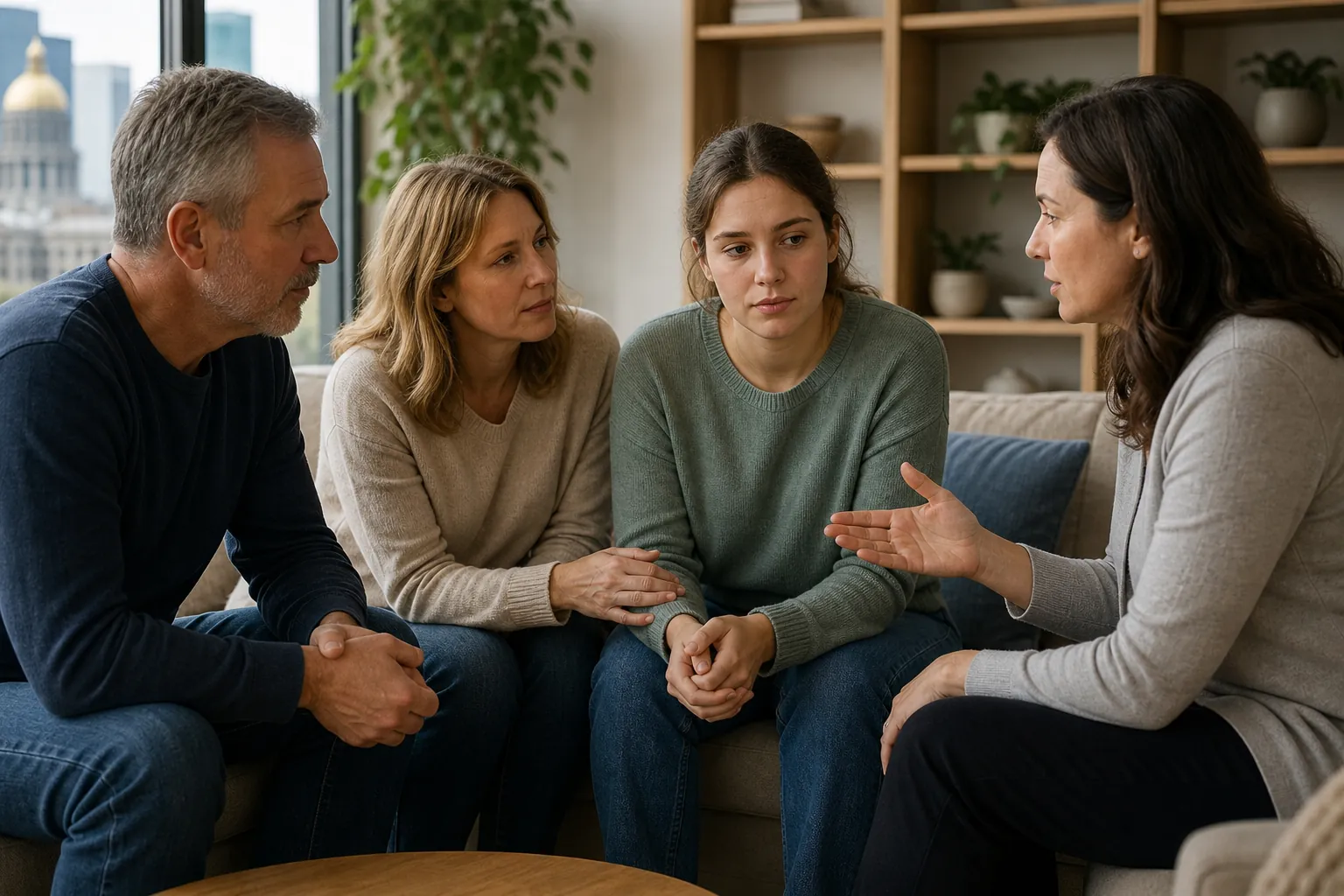 Supportive Family Conversation With a Young Woman A young woman sits between two supportive adults on a sofa while another woman gestures during a group conversation.