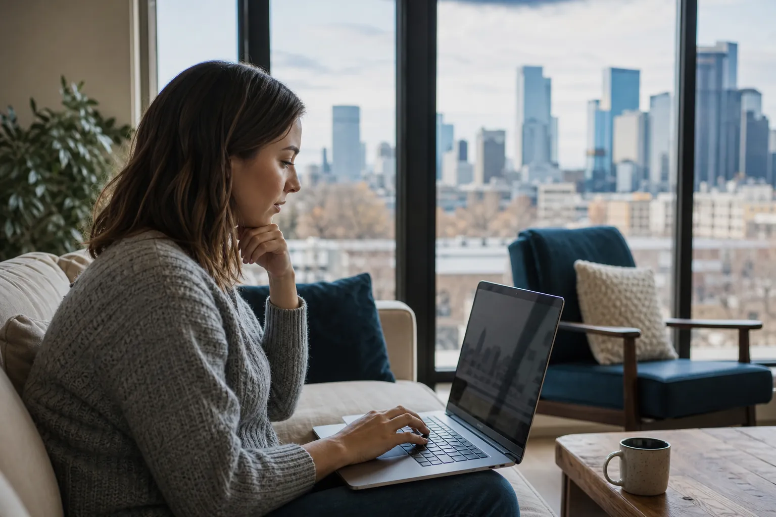 Woman Using a Laptop Beside City Windows A woman in a gray sweater uses a laptop on a sofa beside large windows overlooking a city skyline.