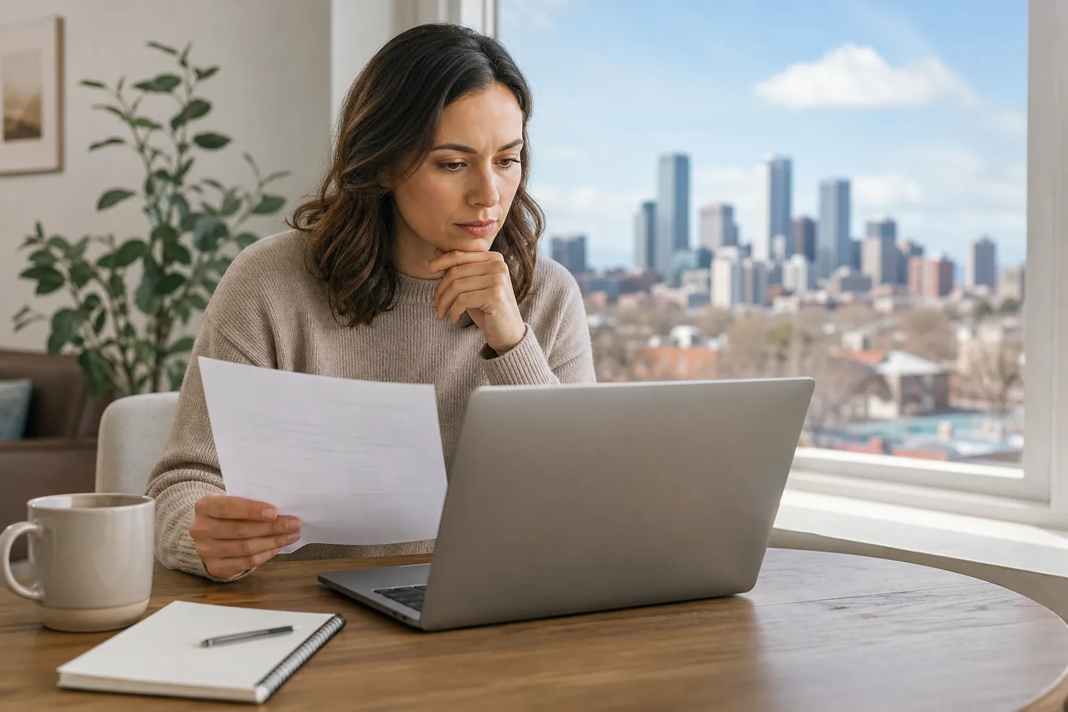 Woman Reviewing a Document Beside a Laptop A woman holds a document while looking at a laptop at a wooden table, with a mug, notebook, and city skyline nearby.