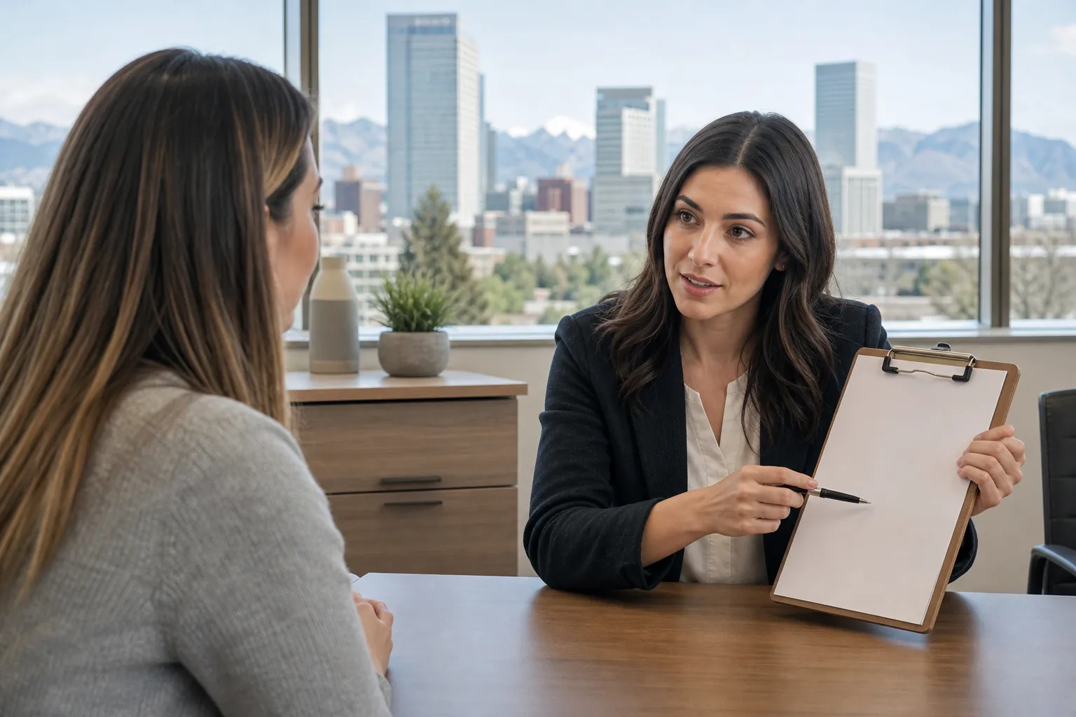 Office Consultation With a Blank Clipboard Two women sit across an office desk as one points a pen at a blank clipboard, with a city skyline and mountains behind them.