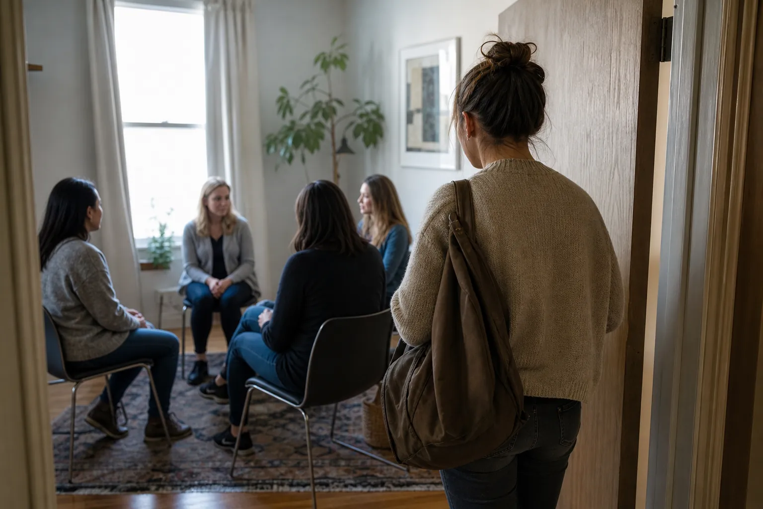 Woman at Doorway to a Women's Group Session A woman carrying a shoulder bag stands in a doorway while four women sit in a small discussion circle inside.