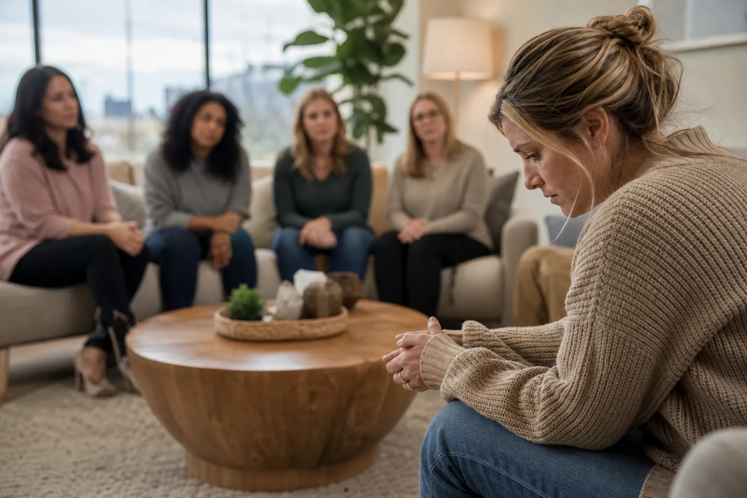 Woman Sitting With Others in a Support Group A woman leans forward with clasped hands and a downcast gaze while four women sit across a round wooden table.