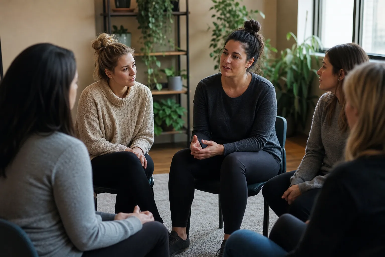Five women sit in a circle in a bright room with plants, listening as the woman in the center gestures while speaking.