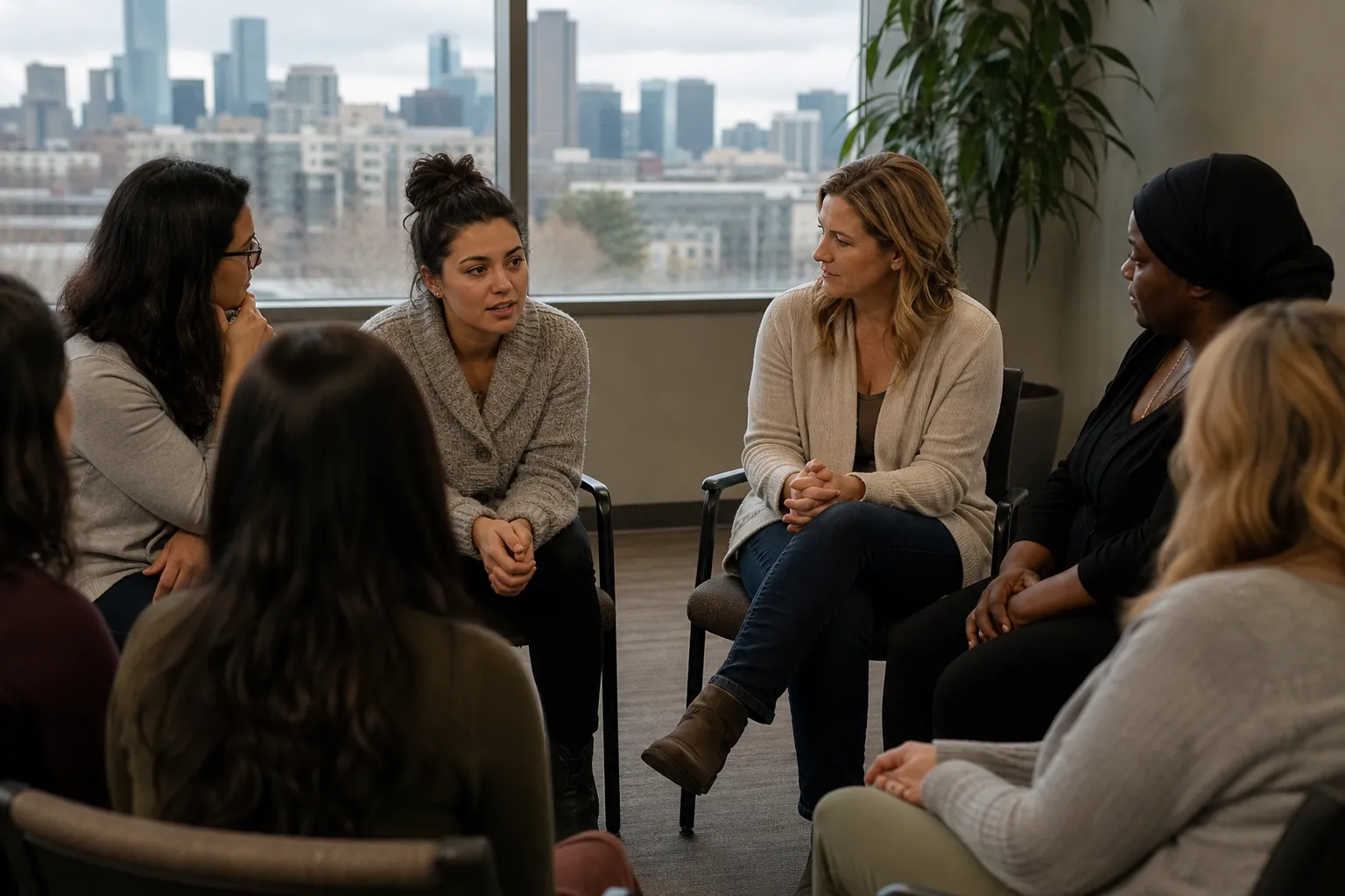 Seven women sit in a circle for a group discussion in a room with large windows overlooking a city skyline.