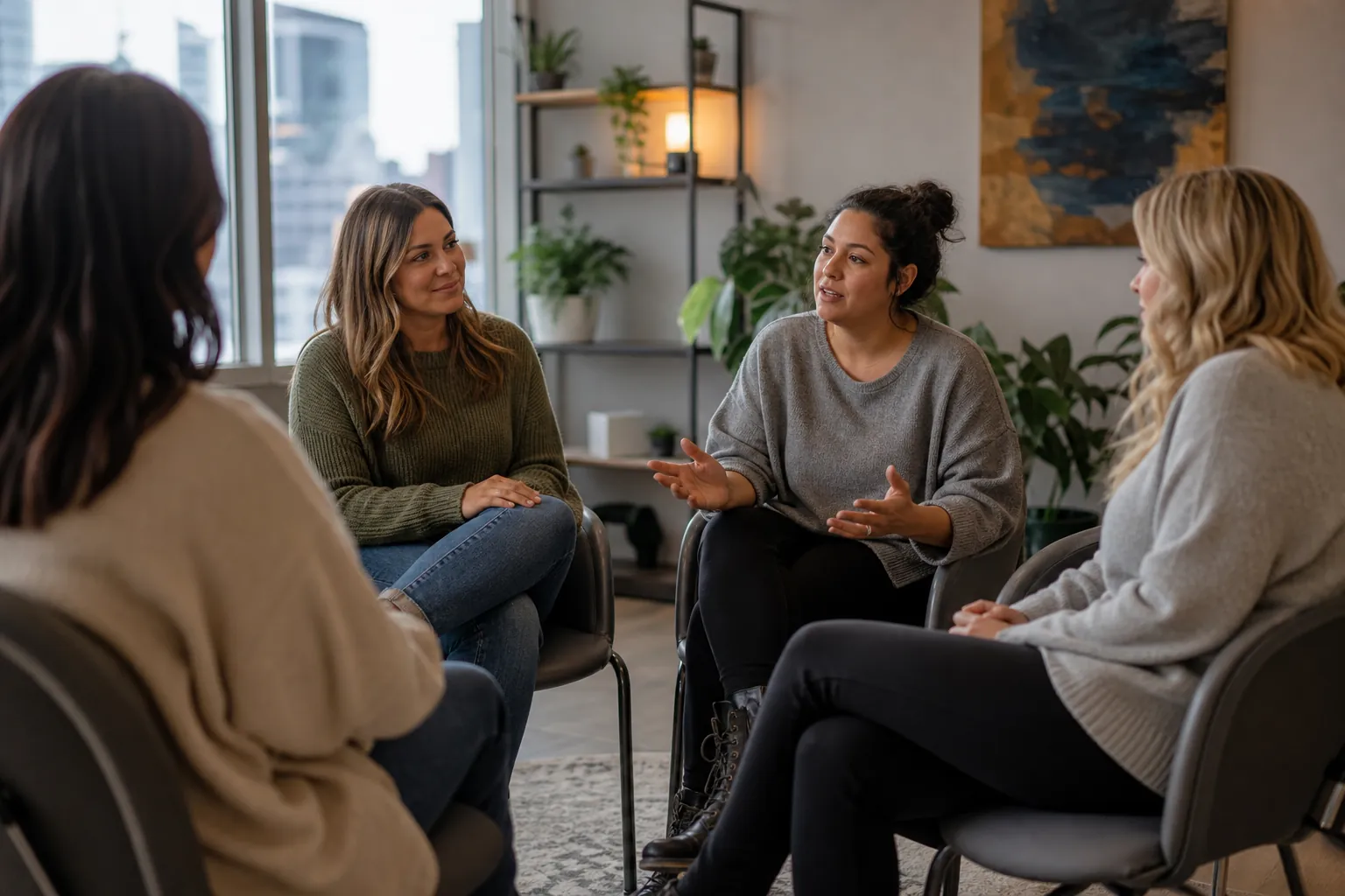 Four women sit in a circle in a bright room, with one gesturing as she speaks and the others listening.