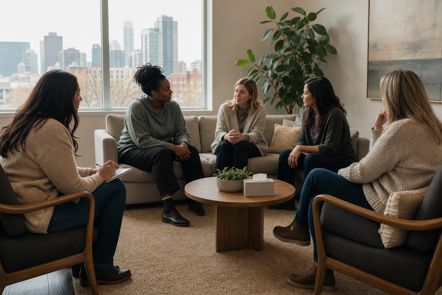 Women Seated in a Support Group Discussion Five women sit in a discussion circle around a coffee table in a bright room with plants and city views.
