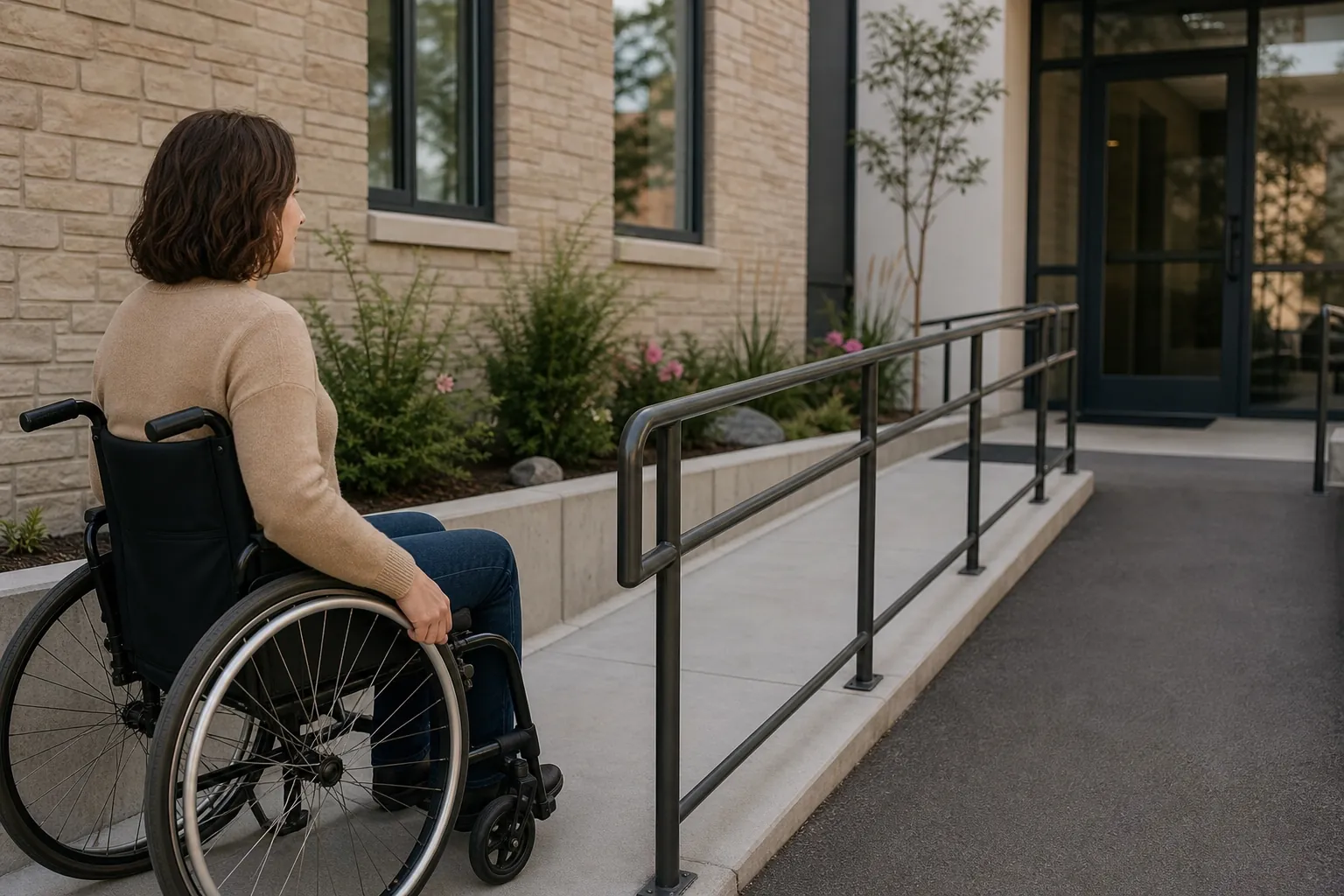 Wheelchair Access Ramp at a Building Entrance A woman in a wheelchair faces a building entrance beside a concrete access ramp with metal handrails.