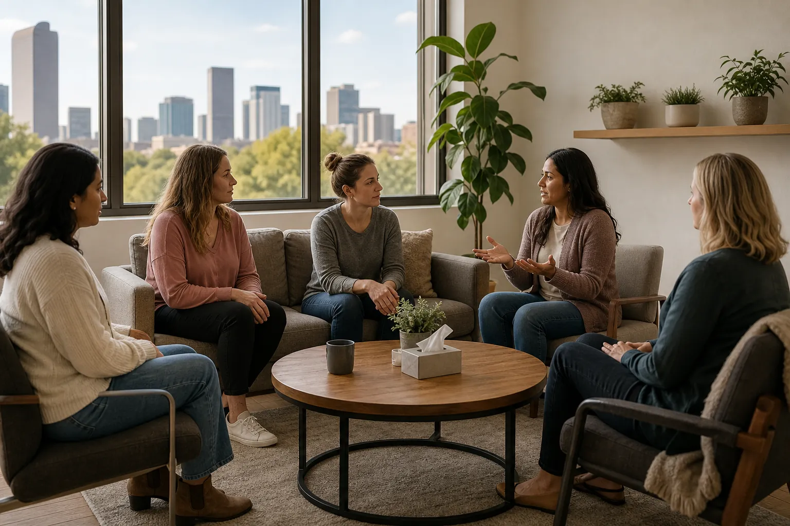 Women in a Welcoming Group Discussion Space Five women sit in a circle during a group discussion in a bright lounge with plants and a city skyline outside.