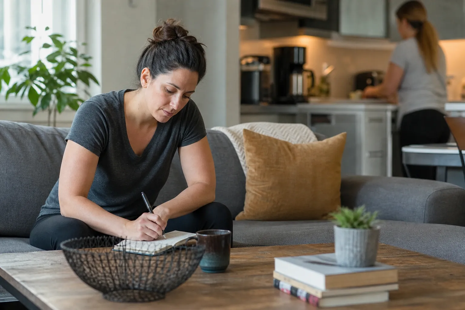 Woman Writing in a Notebook at Home A woman sits on a gray sofa writing in a notebook while another woman stands at the kitchen counter behind her.