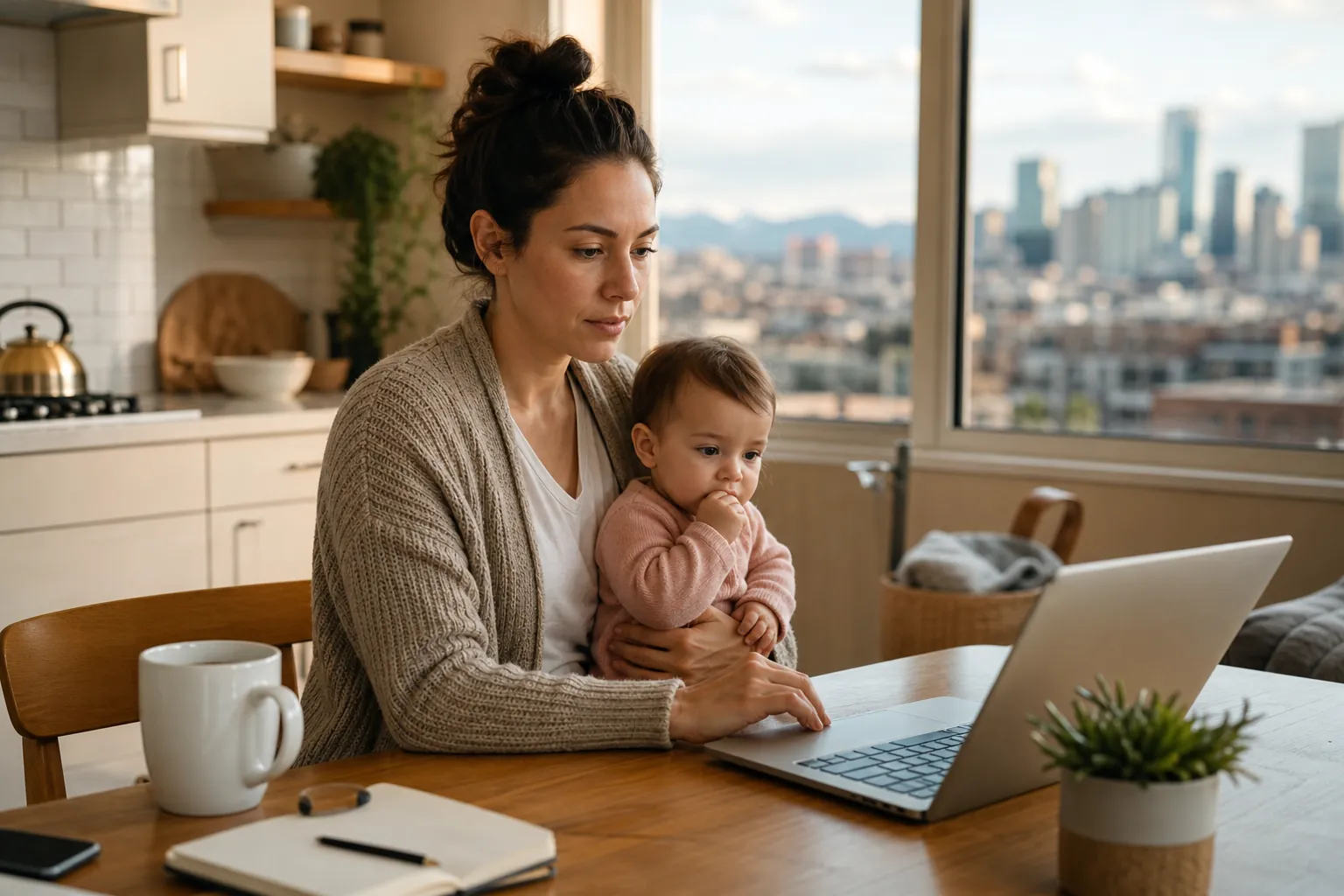 Woman Using a Laptop While Holding a Baby A woman holds a baby on her lap while using a laptop at a kitchen table, with a mug, notebook, and city views nearby.