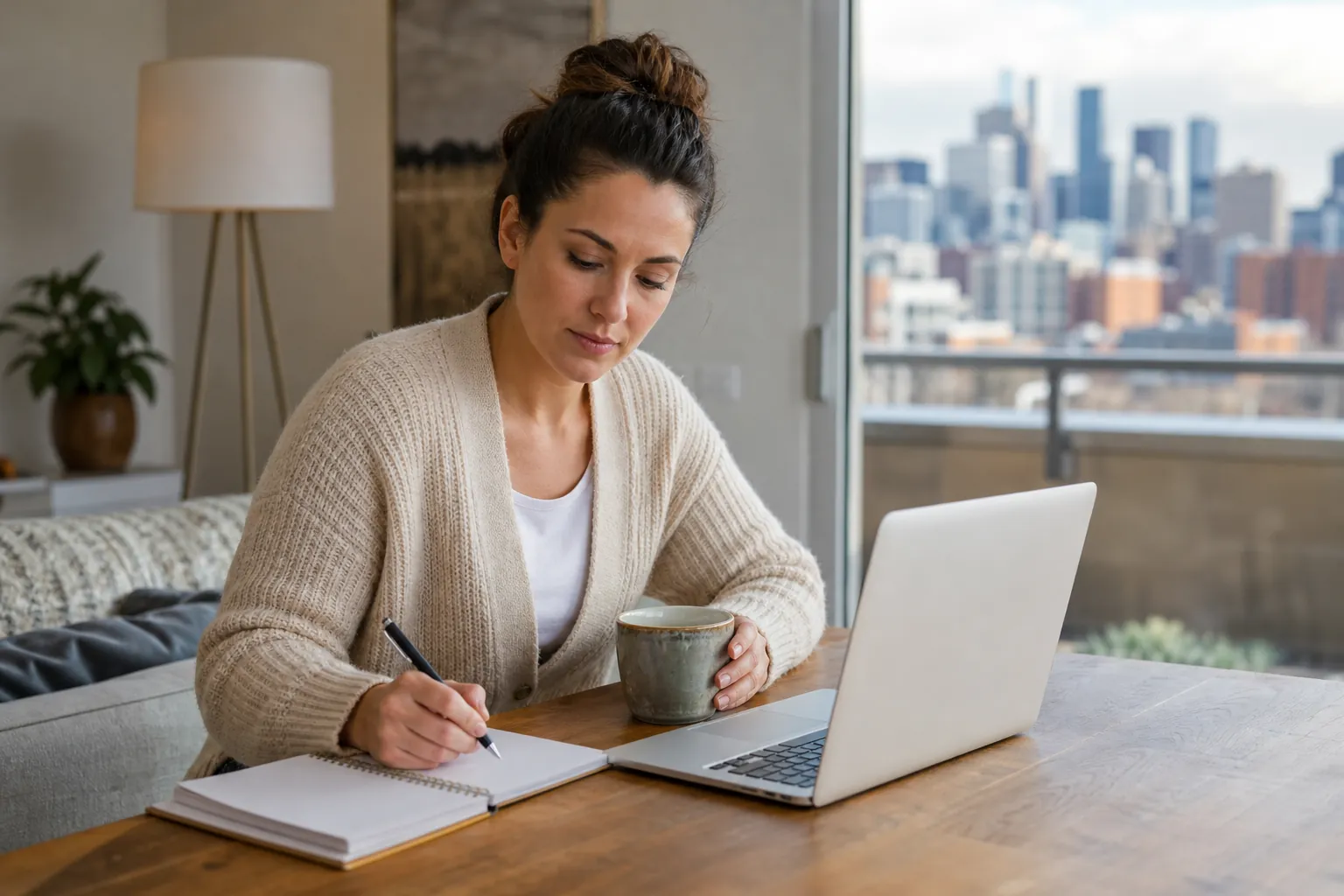 Woman Writing in a Notebook Beside a Laptop A woman writes in a spiral notebook beside an open laptop while holding a mug at a wooden table overlooking a city skyline.