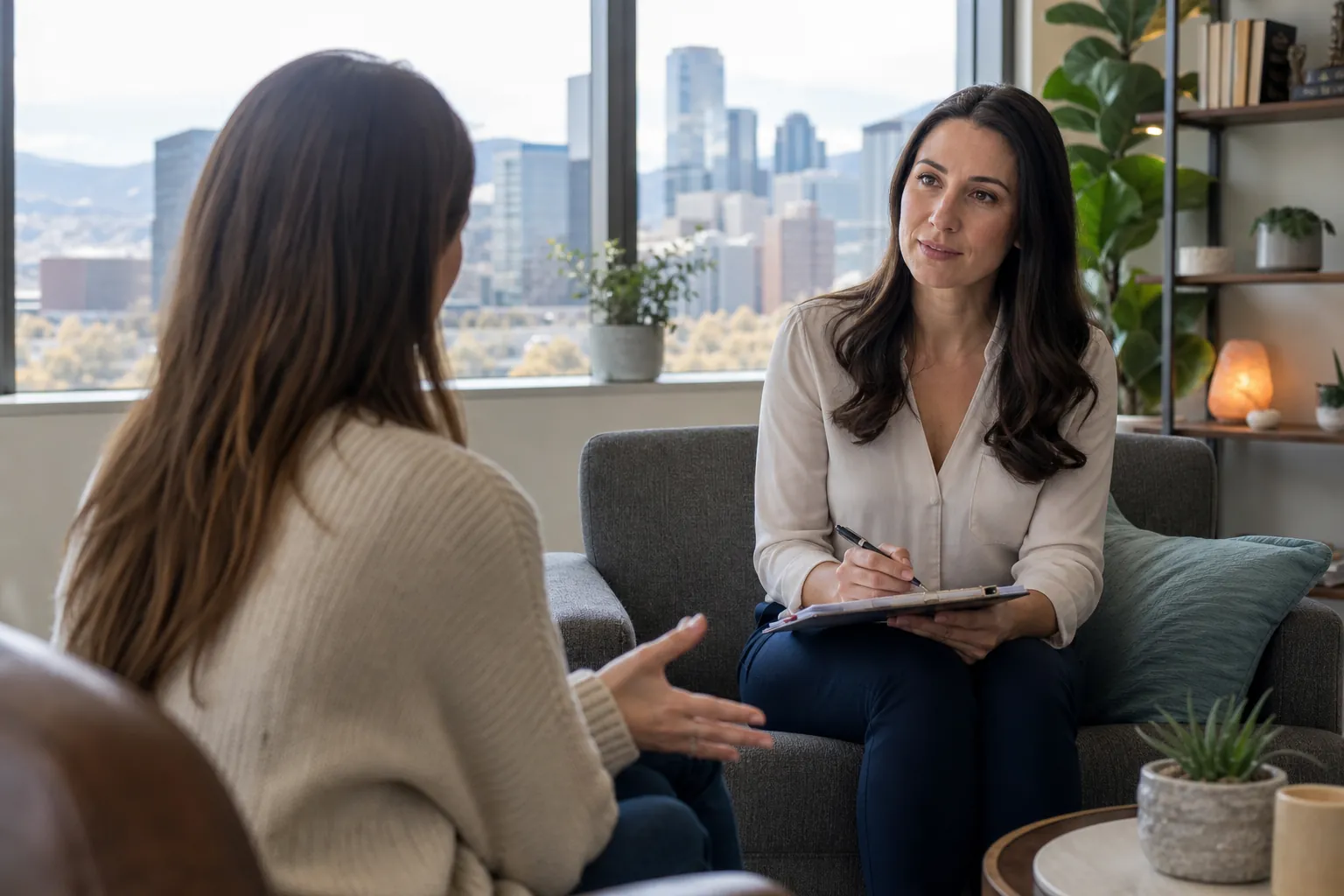 Woman Talking With a Therapist in a Bright Office A woman gestures while speaking with a female therapist holding a pen and clipboard in an office overlooking a city.