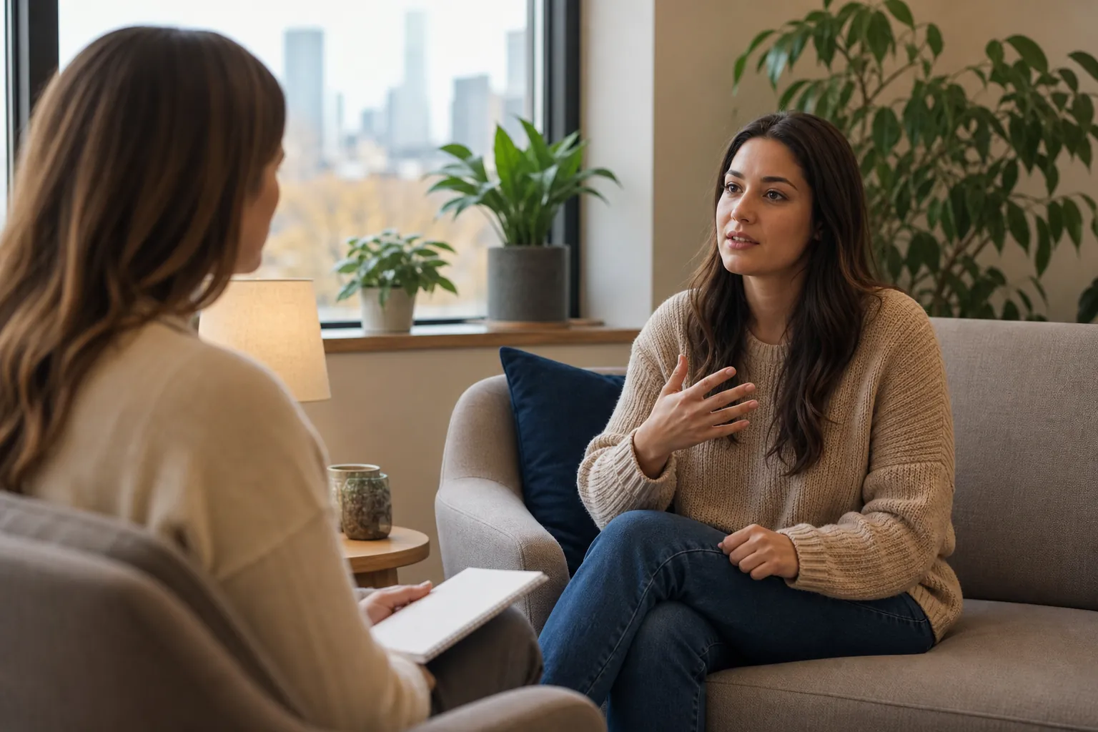Woman Speaking During a Therapy Conversation A woman seated on a sofa gestures while speaking to another woman holding a notebook in a bright, plant-filled room.