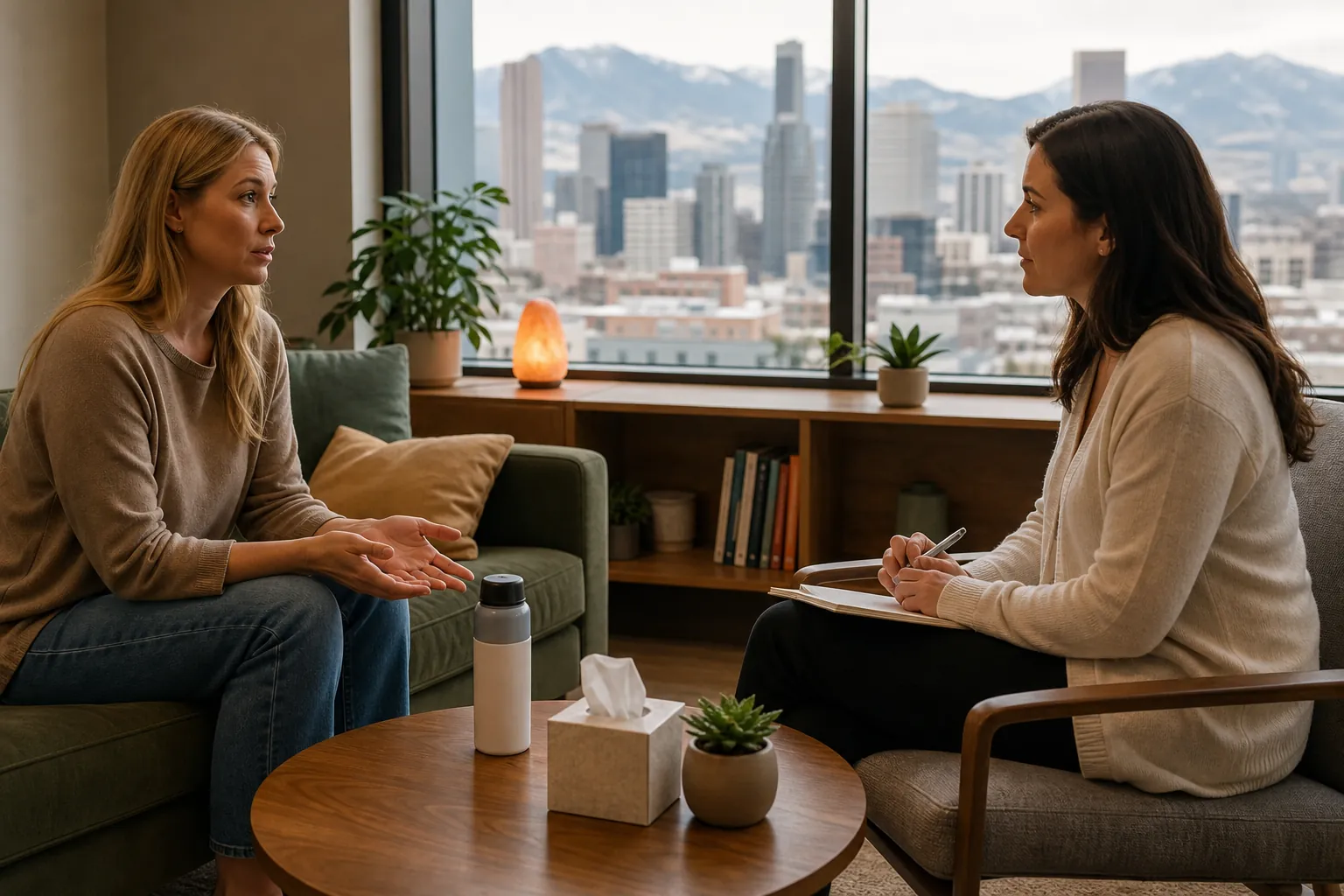 Women Talking in a Therapy Office With Mountain Views Two women sit facing each other in a therapy office, one gesturing while the other holds a pen over a notebook.