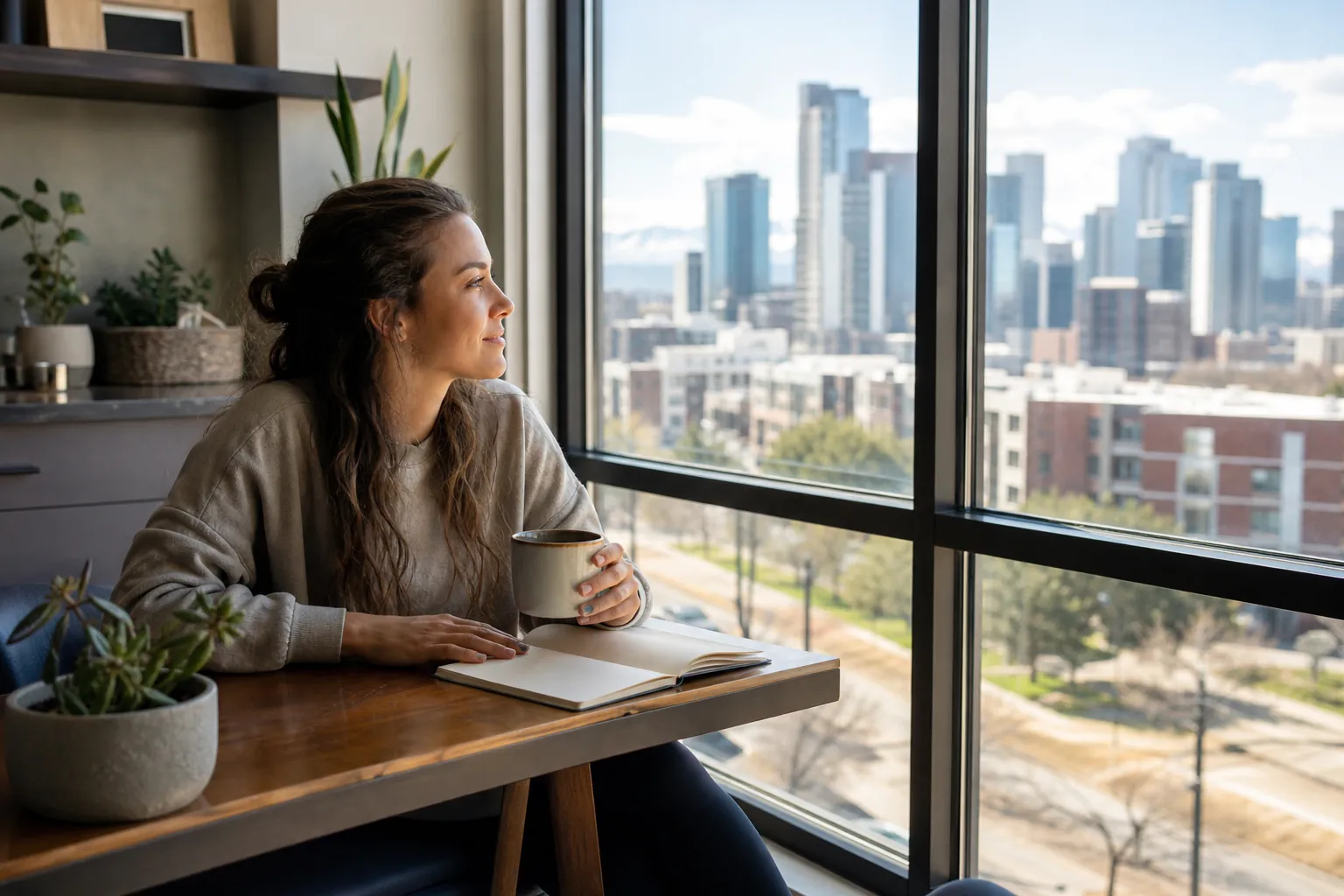 A woman holds a mug beside an open notebook at a wooden table, looking through large windows toward a city skyline.