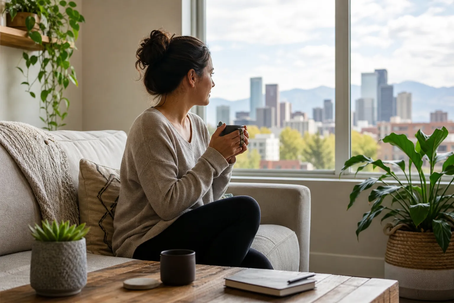 A woman sits on a sofa holding a mug and looking toward a city skyline and mountains, with plants and a notebook nearby.