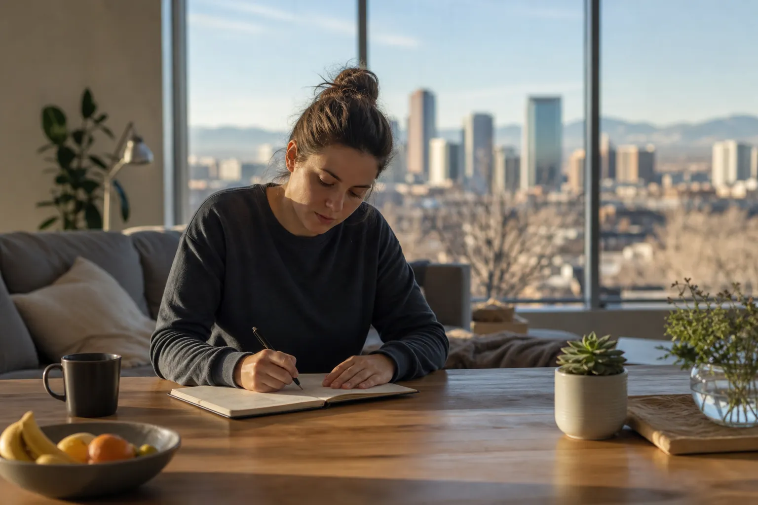 A woman writes in an open notebook at a wooden table, with a mug, plants, and a city skyline beyond large windows.
